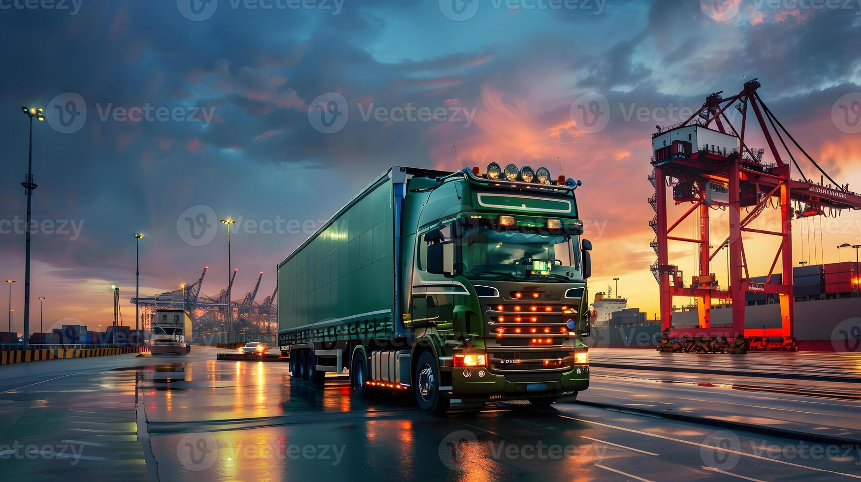 AI generated Truck trailer on the pier in the cargo port terminal with cranes and containers. AI Generated photo