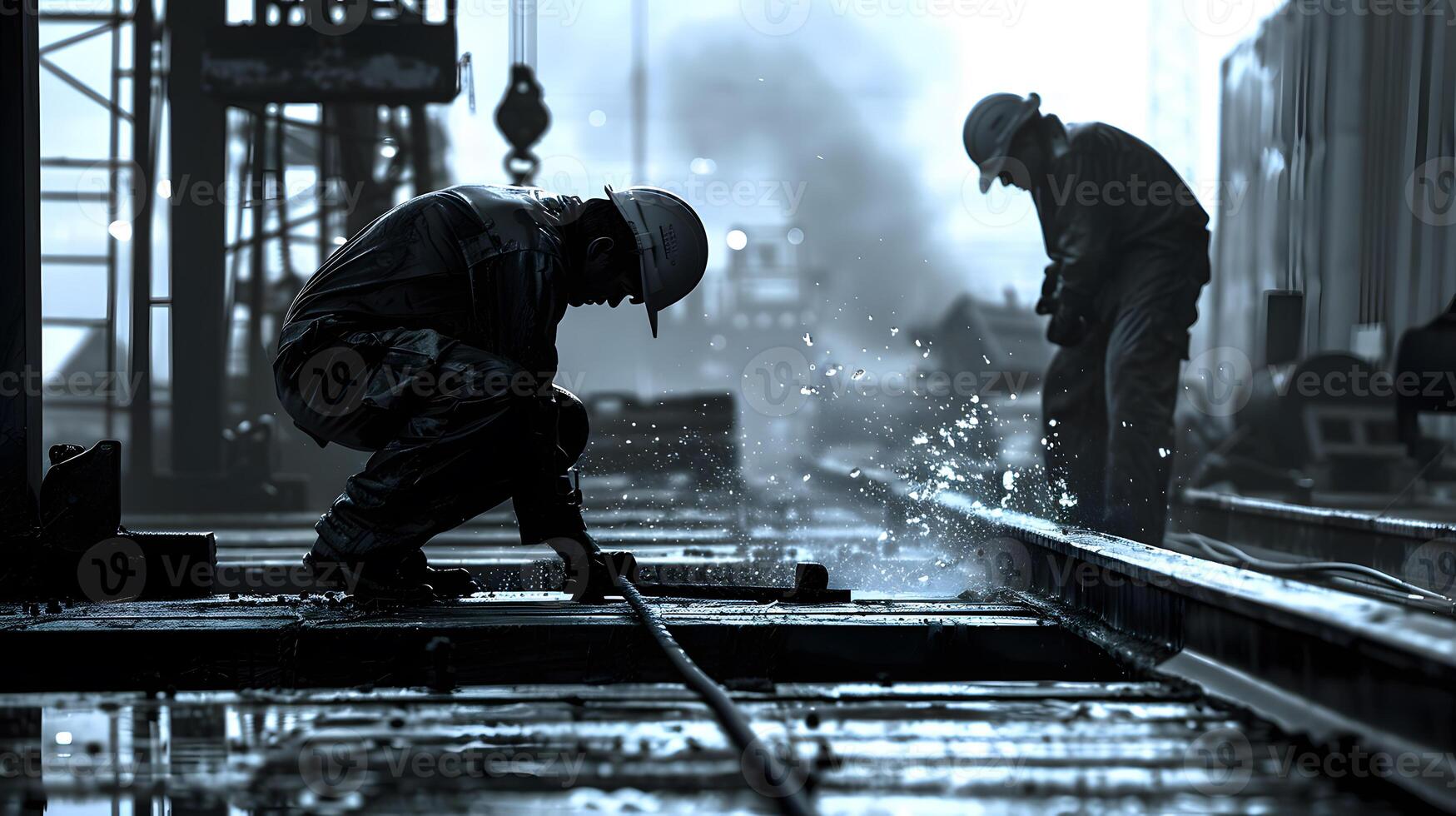 AI generated Portrait of a working man in a uniform and a hard hat. AI Generated photo