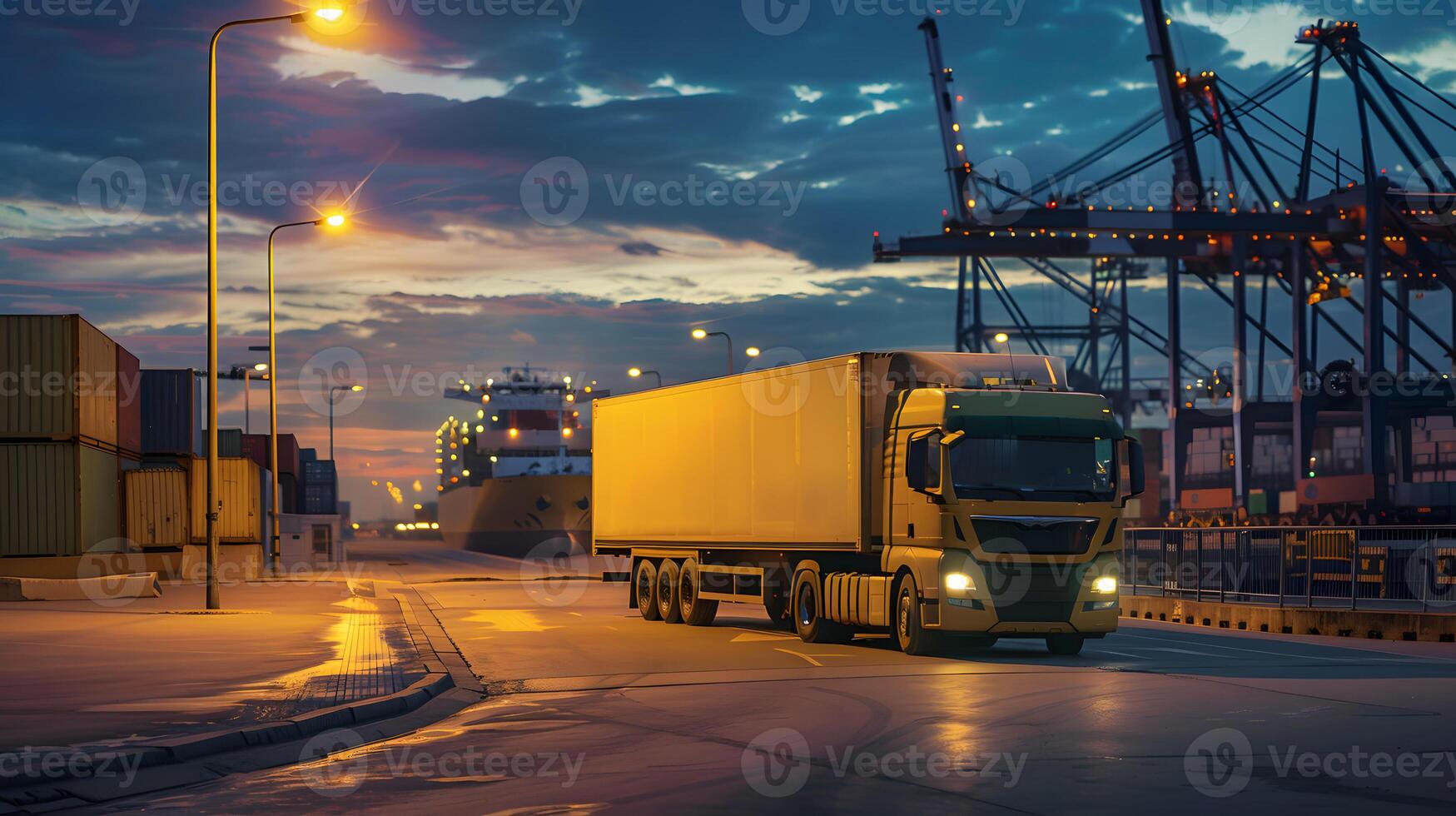 AI generated Truck trailer on the pier in the cargo port terminal with cranes and containers. AI Generated photo