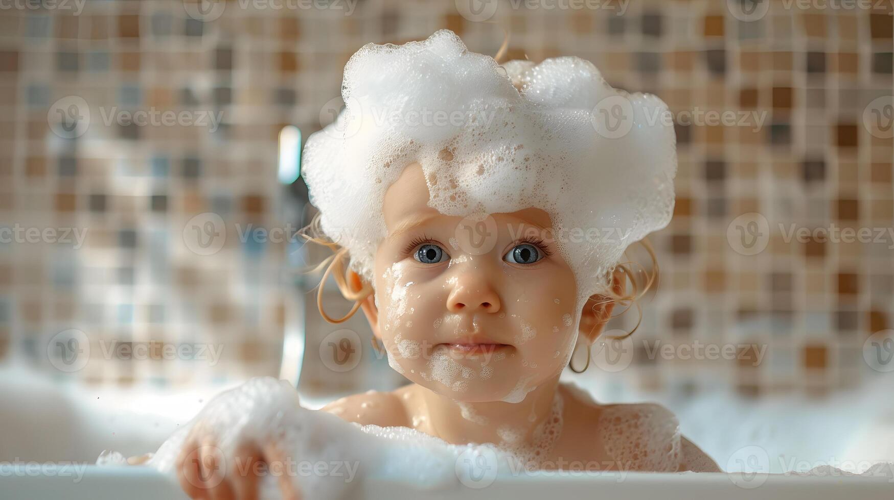 AI generated A cute little child with little foam on his head. AI Generated photo