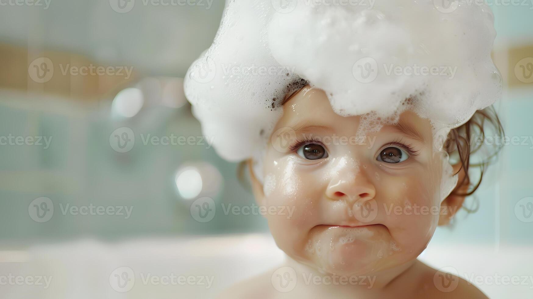 AI generated A cute little child with little foam on his head. AI Generated photo