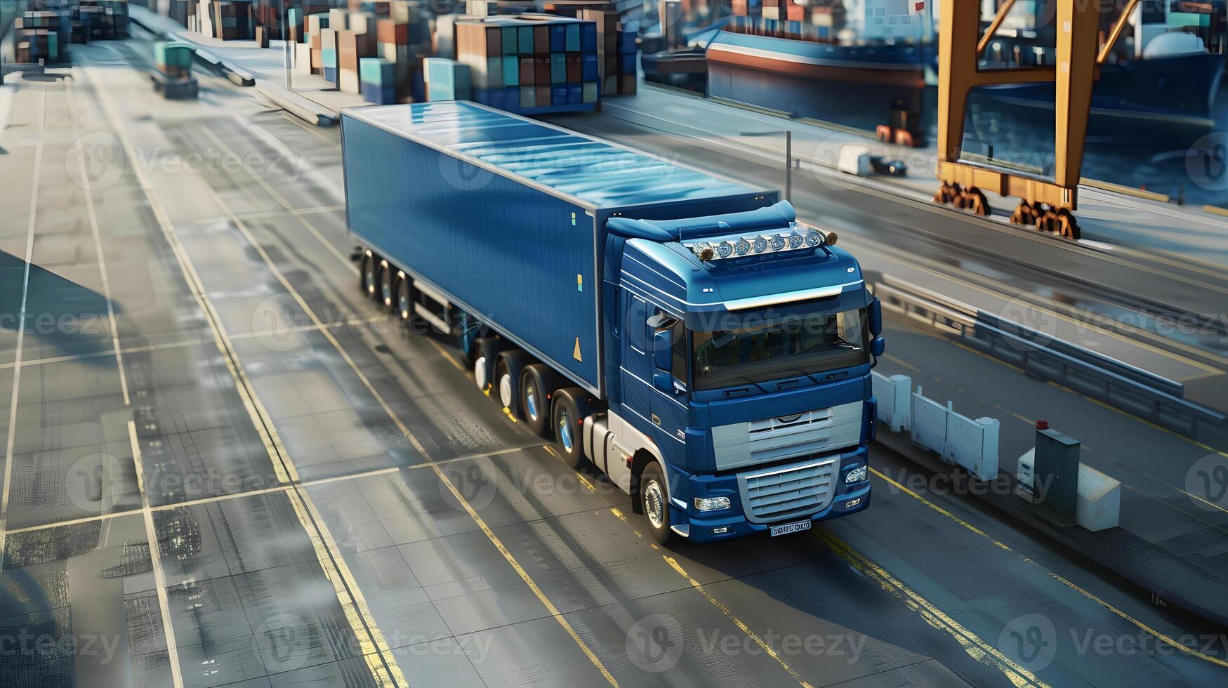 ai generado camión remolque en el muelle en el carga Puerto terminal con grúas y contenedores ai generado foto