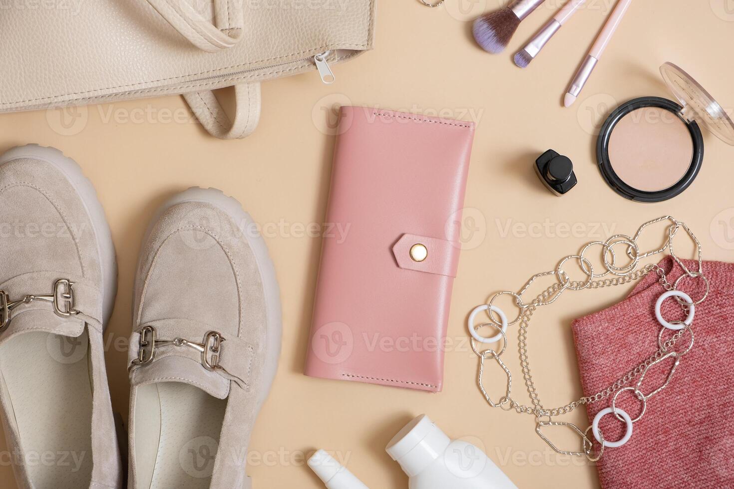 Wallet, women's shoes, bag and cosmetics flat lay. Shopping, fashion blog concept photo