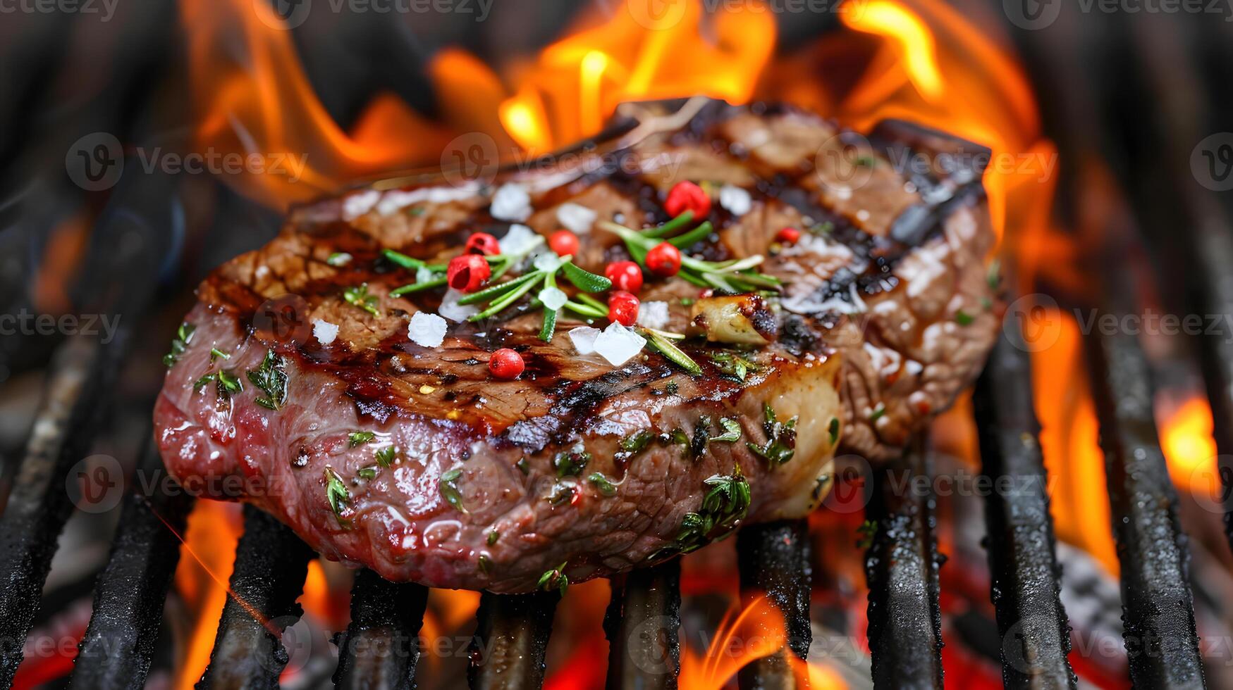 AI generated Fresh juicy delicious beef steak on a dark background. AI Generated photo