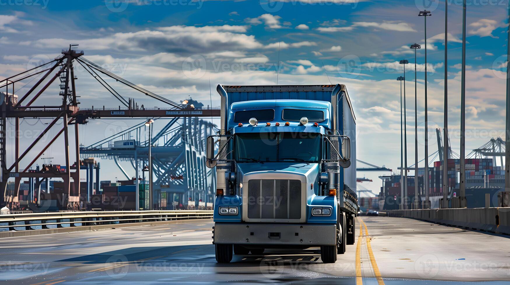 AI generated Truck trailer on the pier in the cargo port terminal with cranes and containers. AI Generated photo