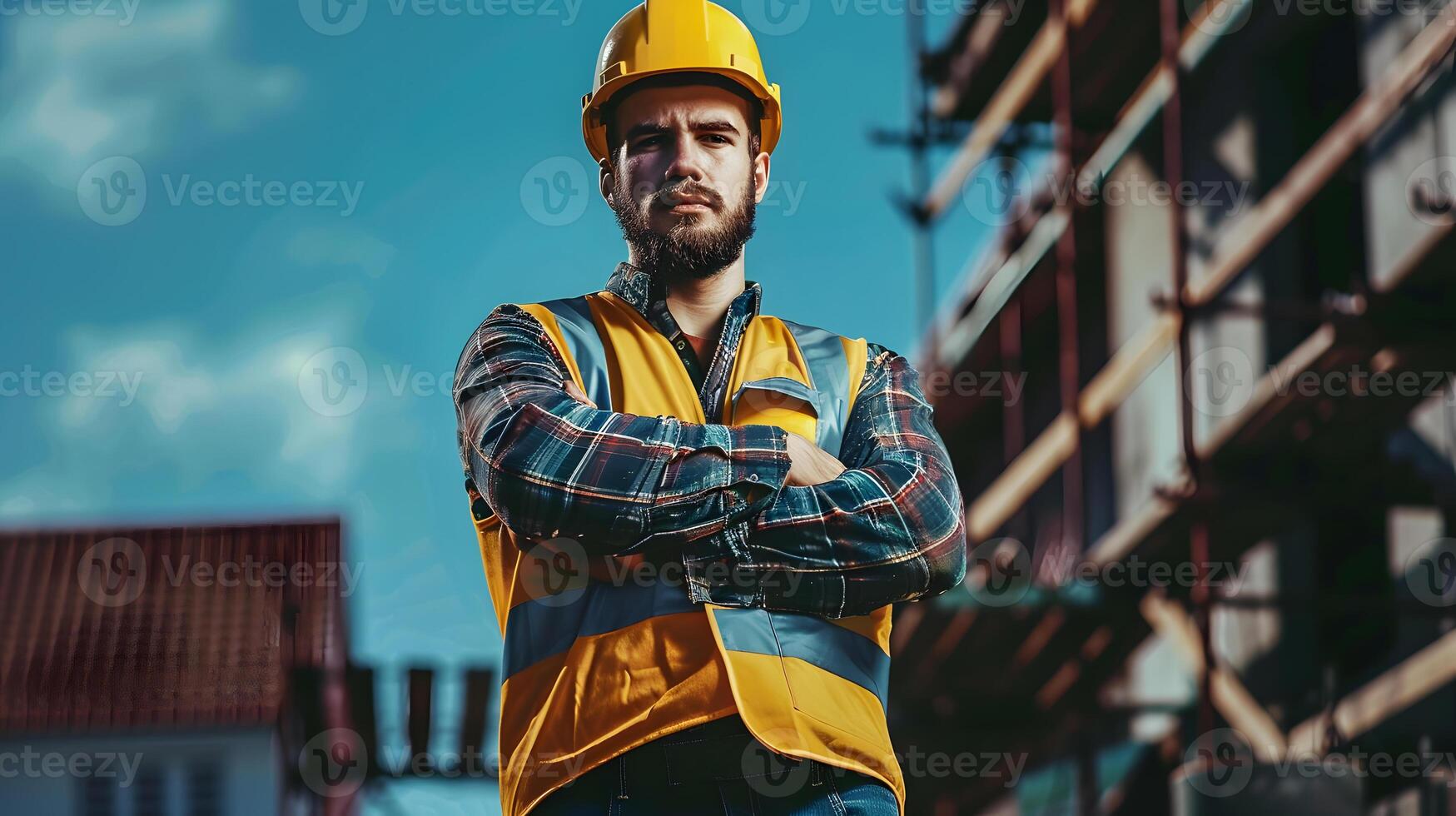 AI generated Portrait of a working man in a uniform and a hard hat. AI Generated photo