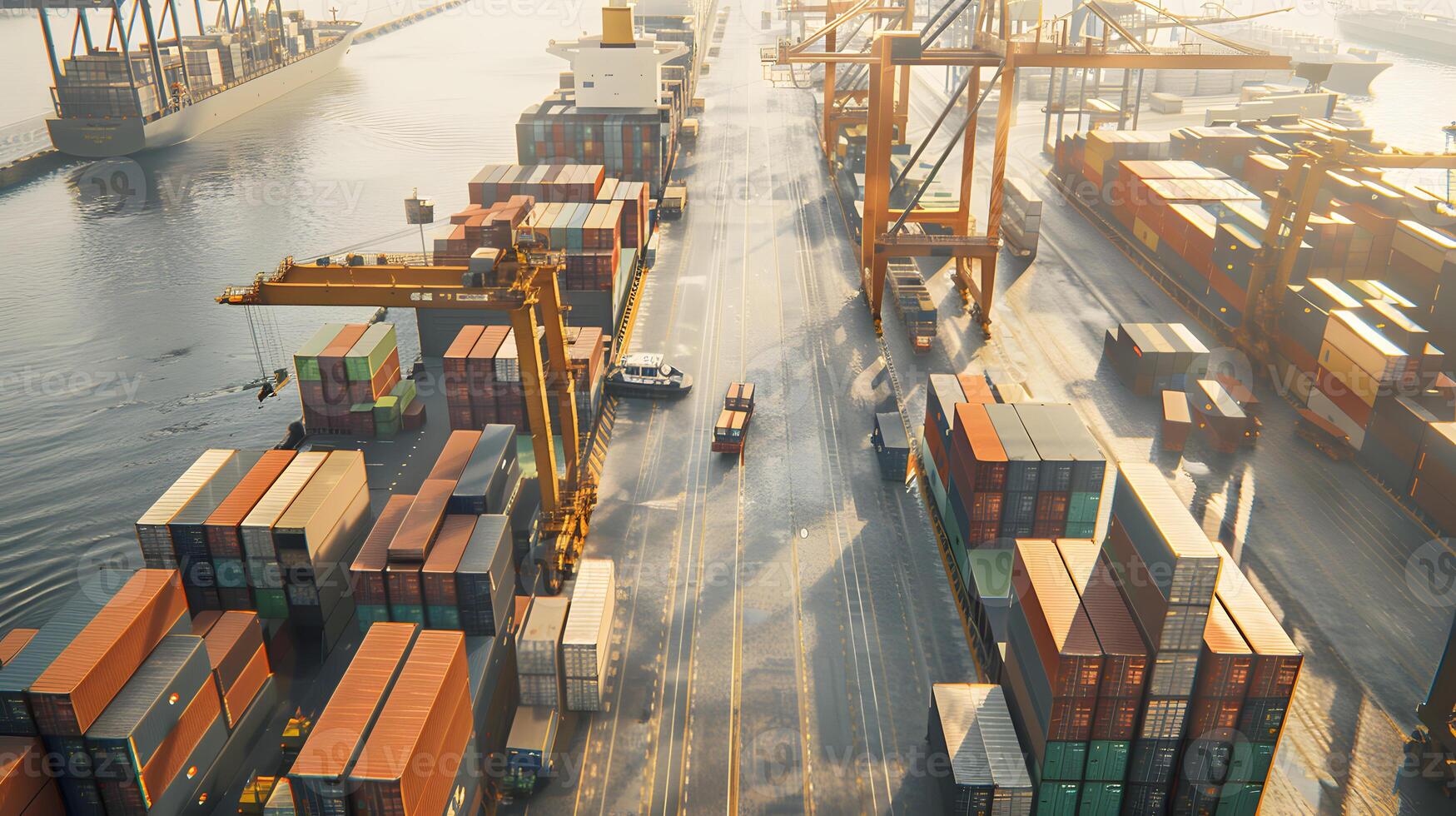 AI generated A ship for transporting cargo containers and also unloading it at the docks of a cargo port. AI Generated photo