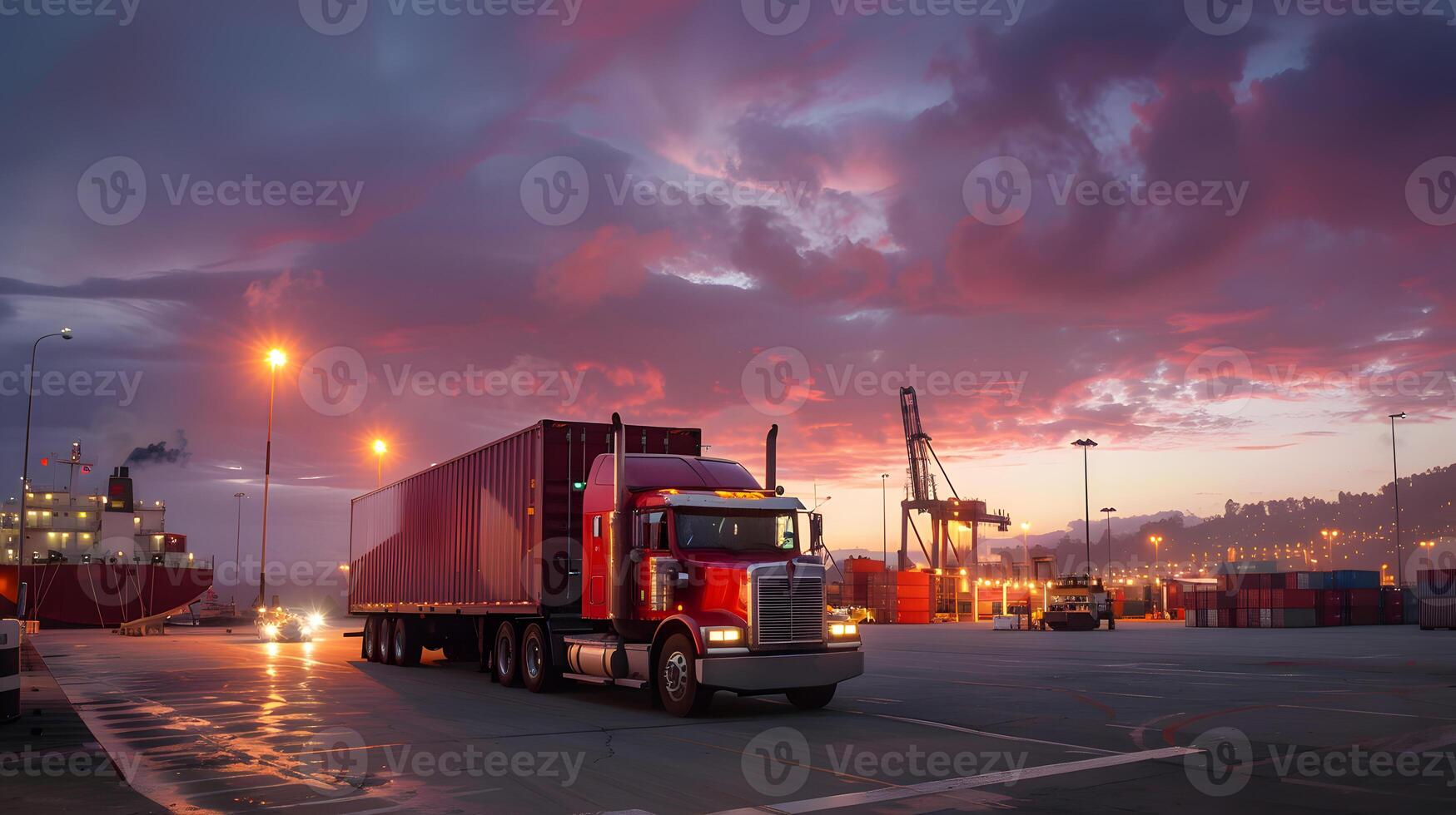 AI generated Truck trailer on the pier in the cargo port terminal with cranes and containers. AI Generated photo