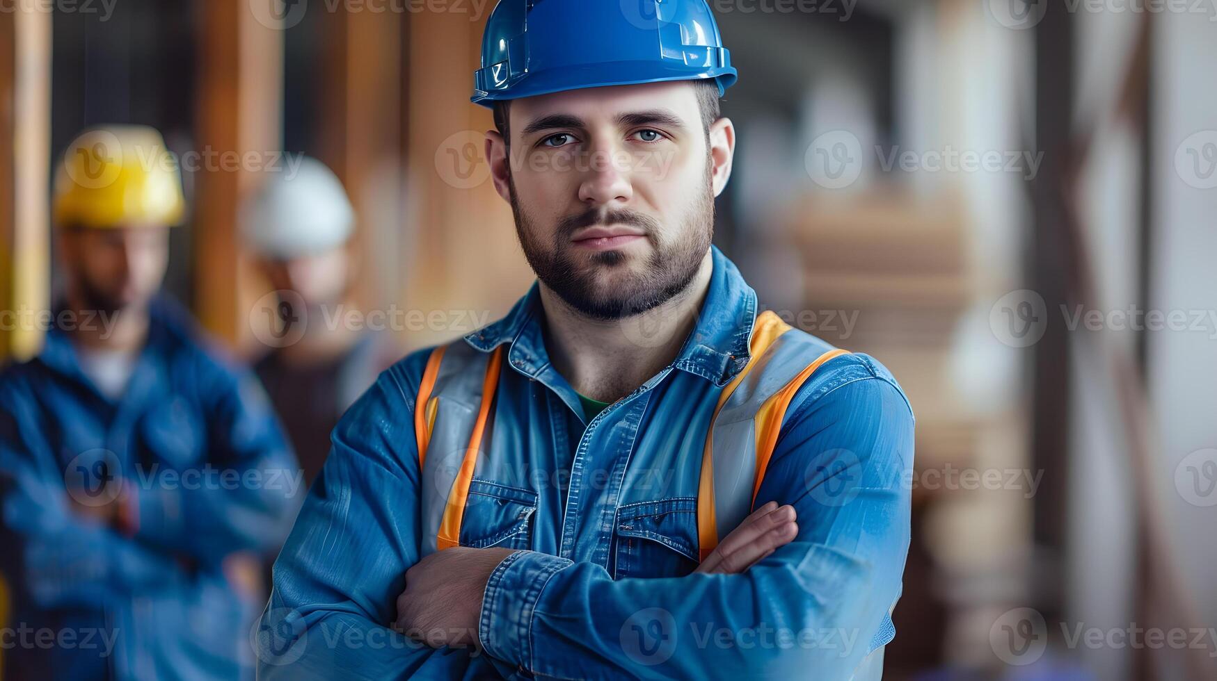 AI generated Portrait of a working man in a uniform and a hard hat. AI Generated photo