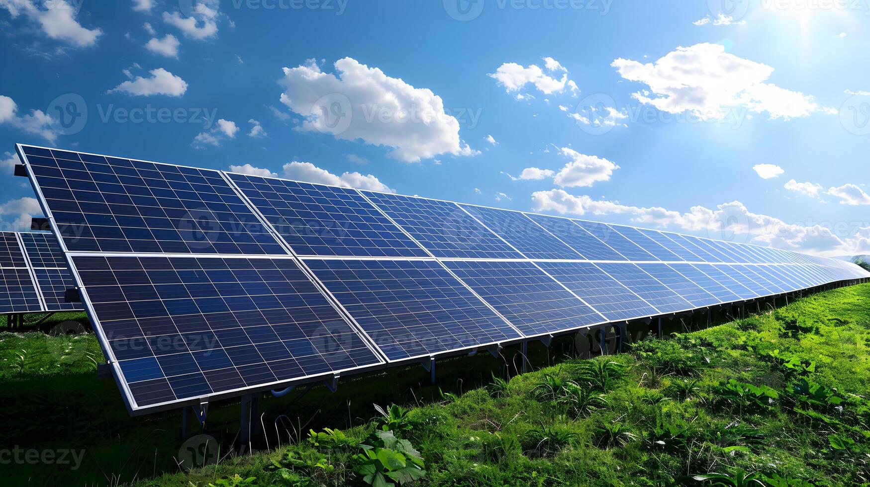 AI generated Fields of solar panels and systems to produce green electricity. AI Generated photo