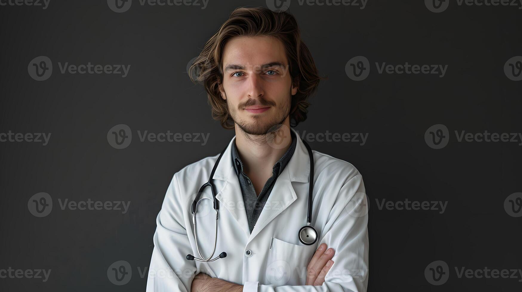 ai generado retrato de un masculino médico trabajador con un estetoscopio. ai generado foto