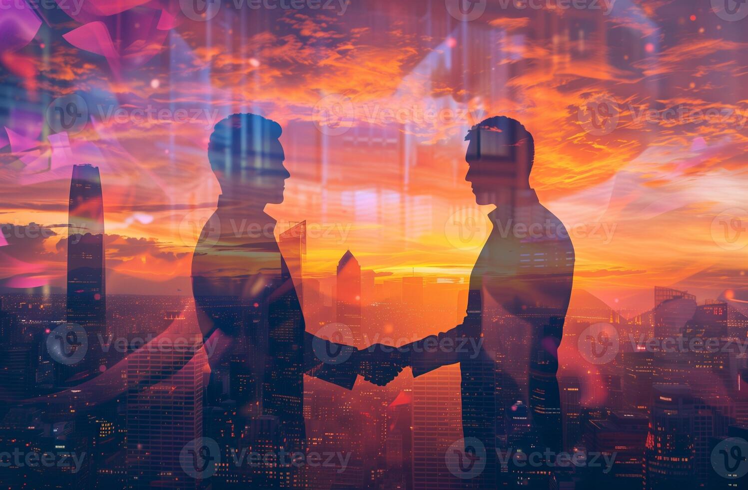 AI generated Business Partnership and Collaboration Concept with a Handshake Silhouette Over the Cityscape at Sunset photo