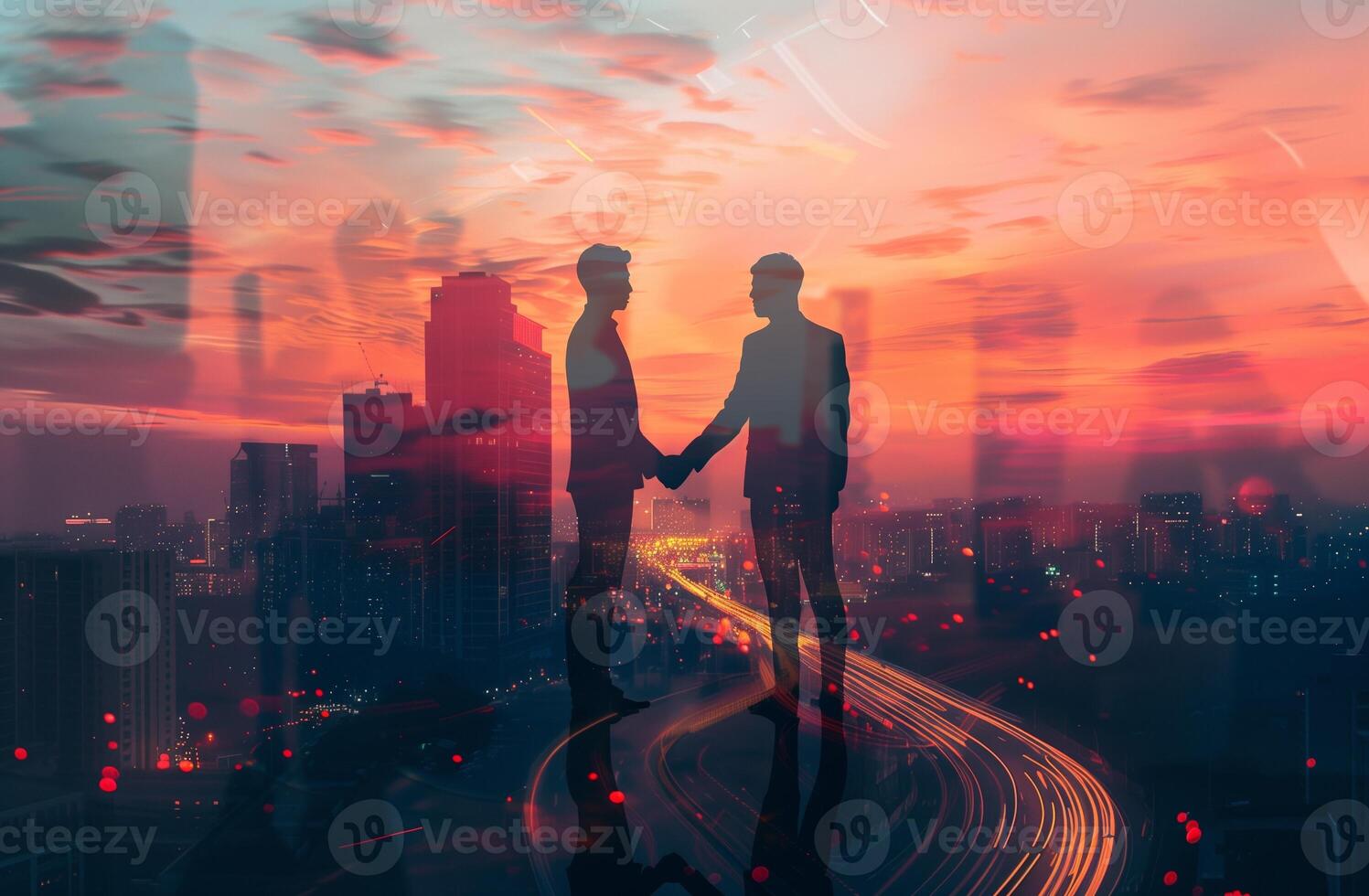 AI generated Business Partnership and Collaboration Concept with a Handshake Silhouette Over the Cityscape at Sunset photo