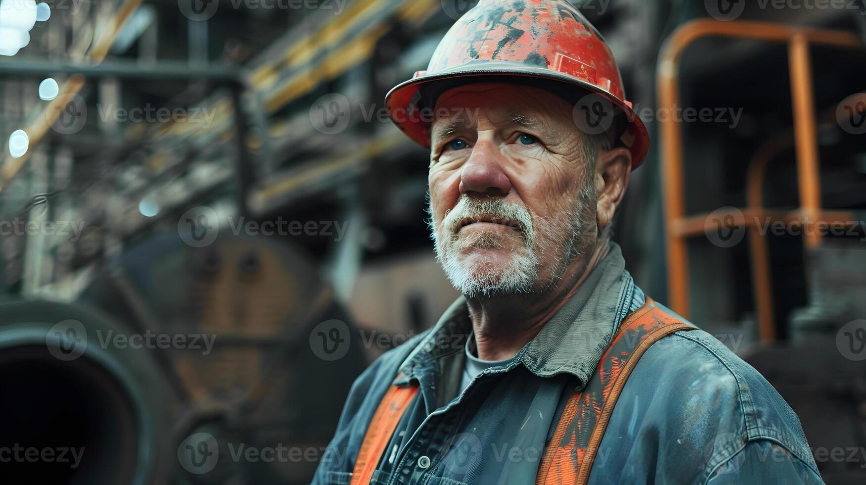 AI generated Portrait of a working man in a uniform and a hard hat. AI Generated photo