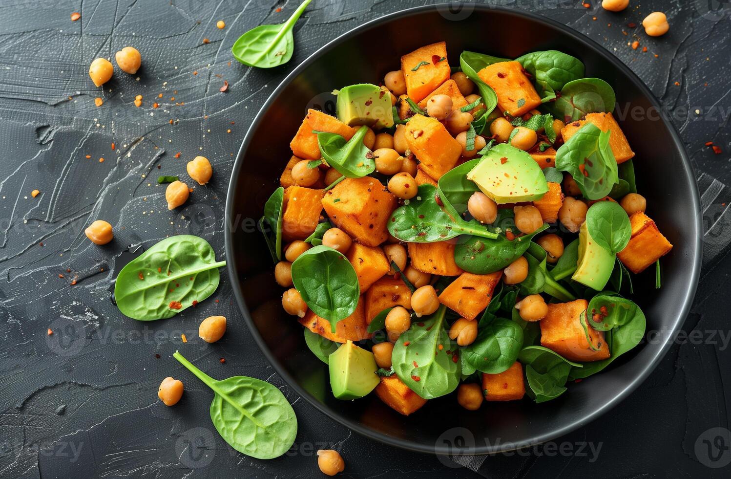 AI generated Fresh Vegan Spinach and Chickpea Salad with Avocado and Pumpkin - Healthy Eating Concept photo