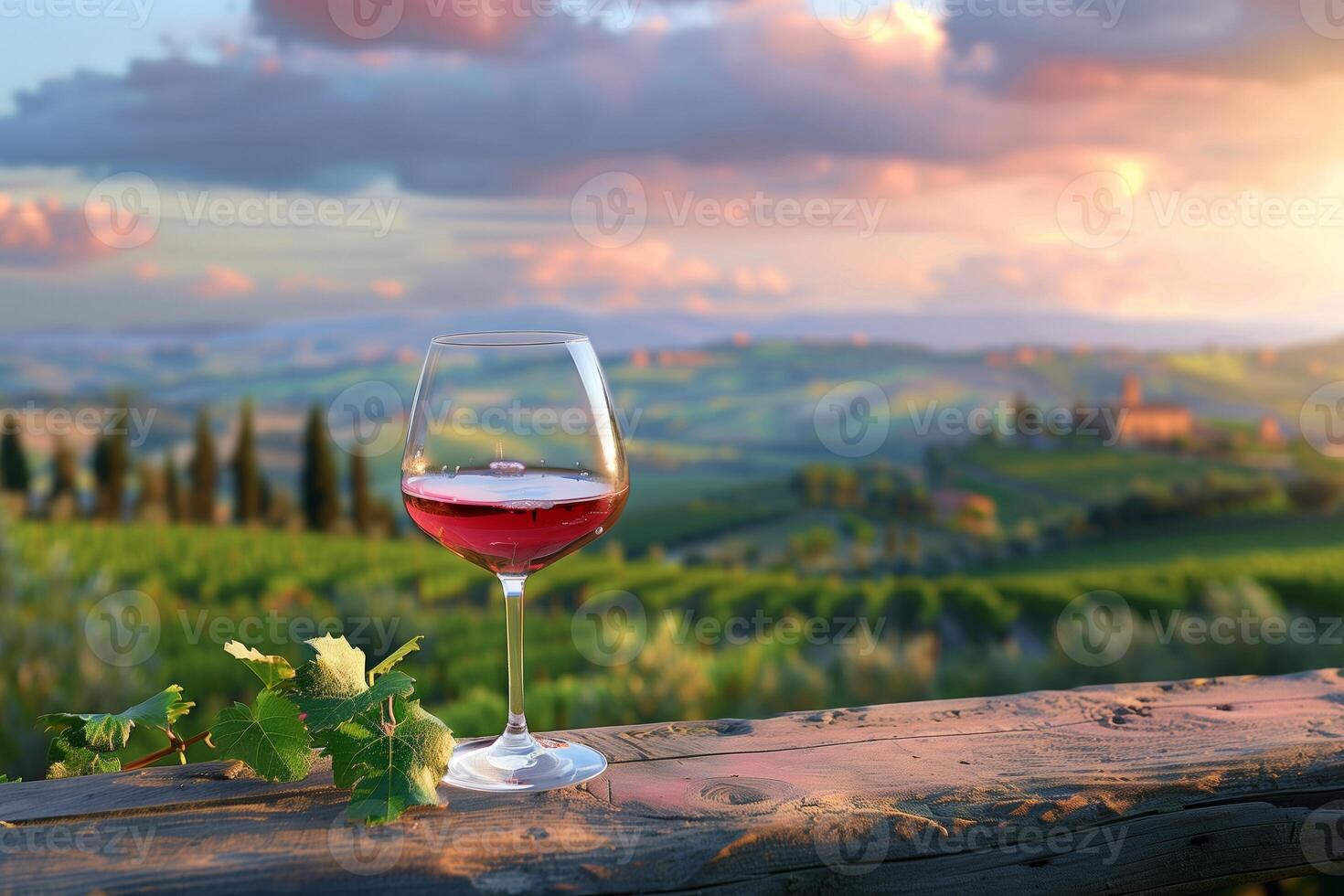 AI generated Chianti Wine Glass with a Tuscan Vineyard Landscape at Sunset photo