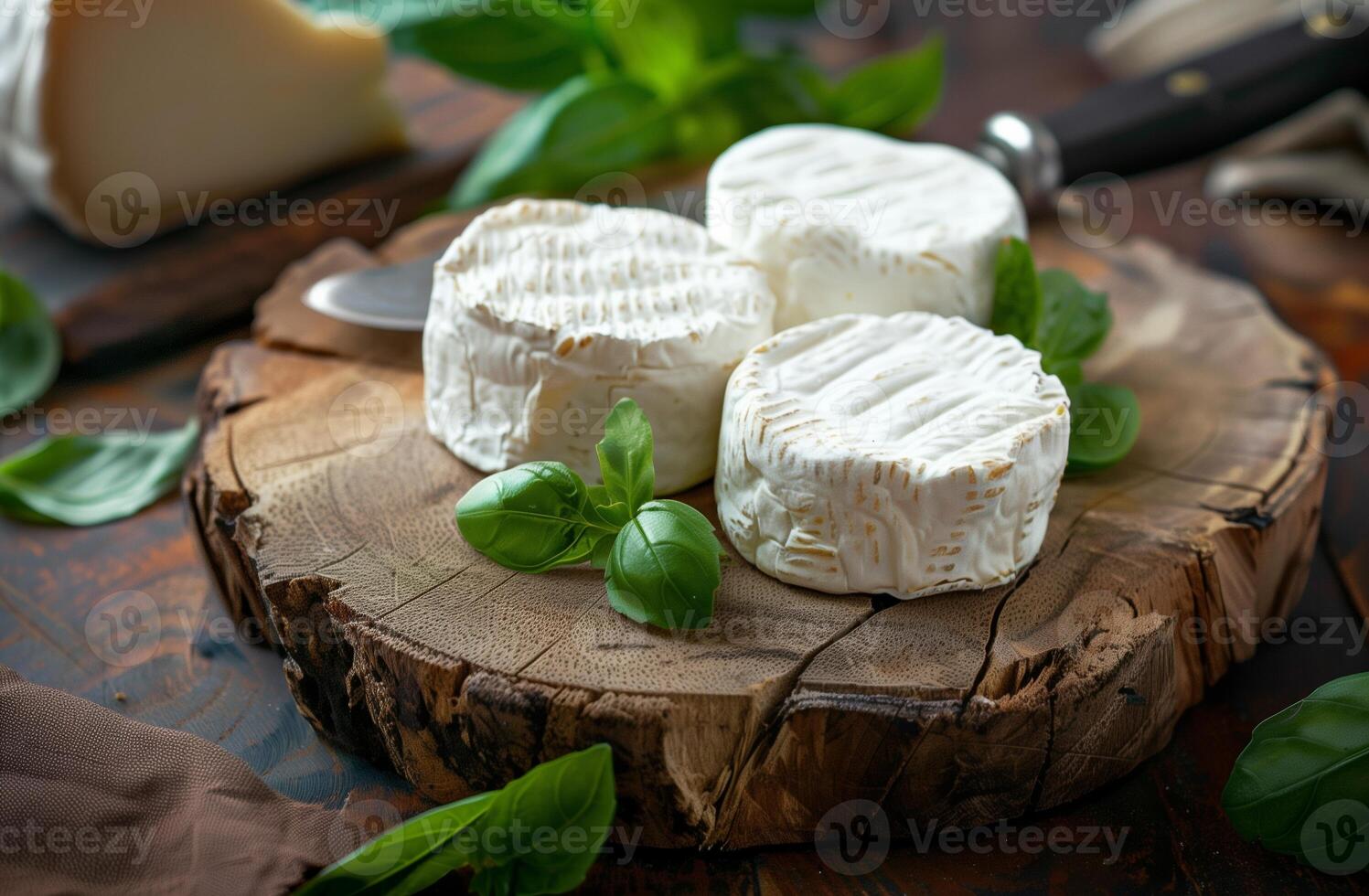 AI generated Artisan Camembert Cheese with Fresh Basil on Rustic Wooden Board, Perfect for Culinary Themes photo