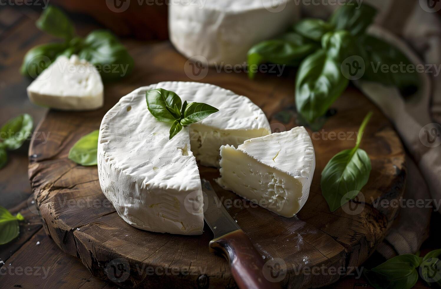 AI generated Artisan Camembert Cheese with Fresh Basil on Rustic Wooden Board, Perfect for Culinary Themes photo