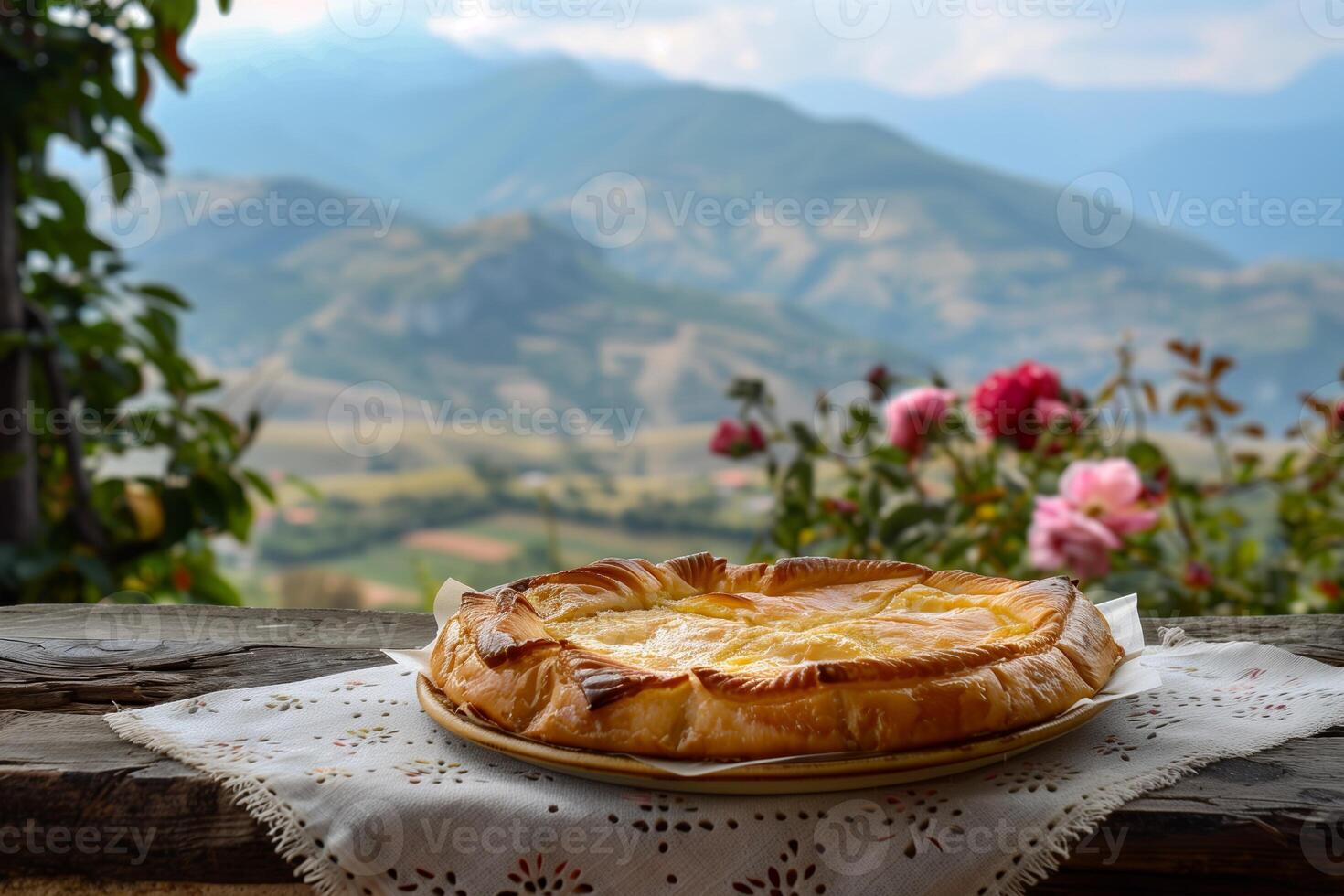 AI generated Hearty Traditional Bulgarian Banitsa Pastry on a Rustic Table with Picturesque Mountain View photo
