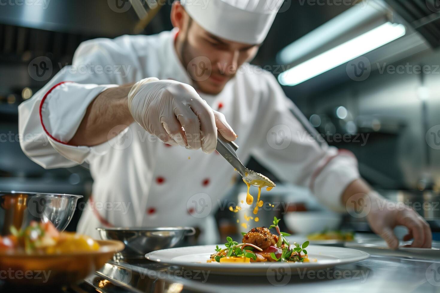 AI generated Professional Chef Finishing a Gourmet Dish with Sauce, Ideal for Culinary Arts and Gastronomy Promotion photo