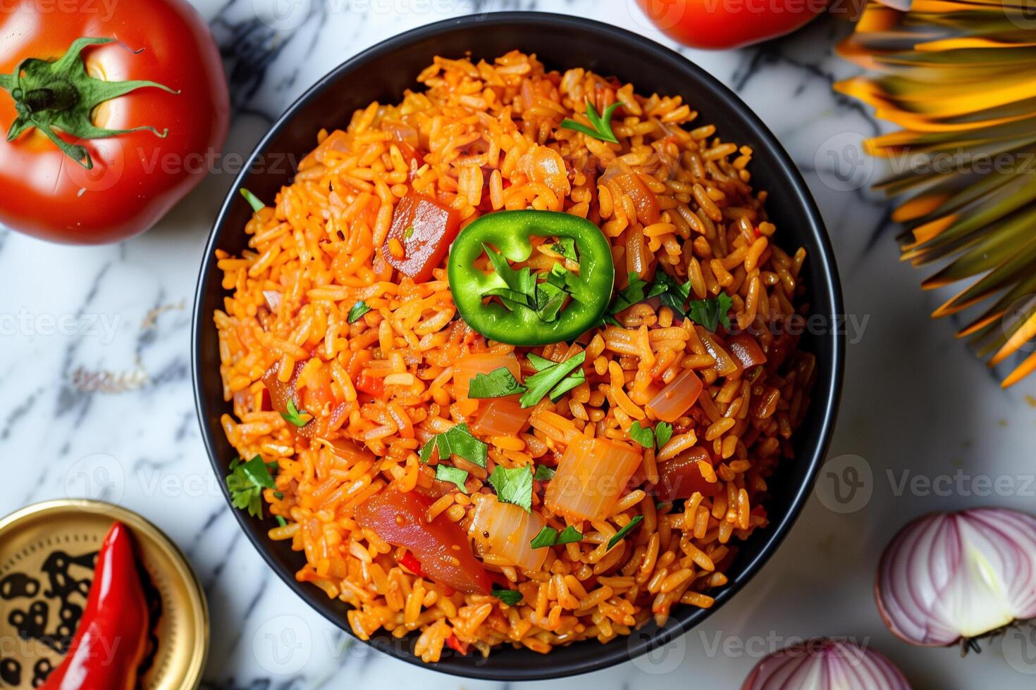AI generated Aromatic Malian Jollof Rice Served in a Traditional Clay Pot photo