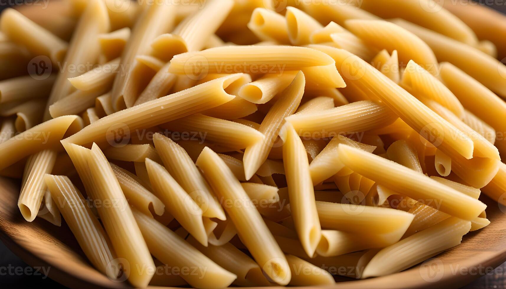 AI generated Raw penne pasta in wooden bowl photo