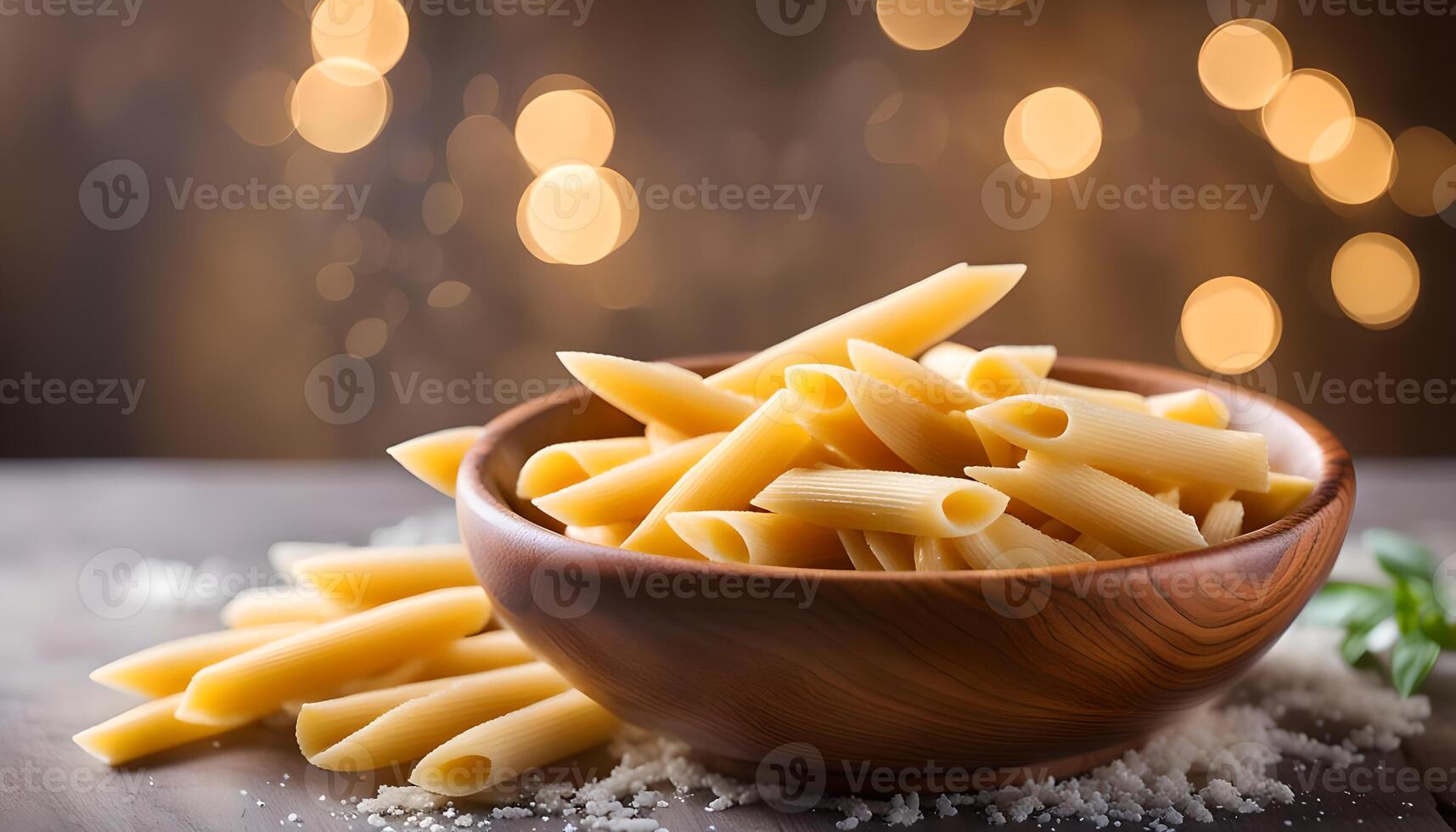 AI generated Raw penne pasta in wooden bowl photo