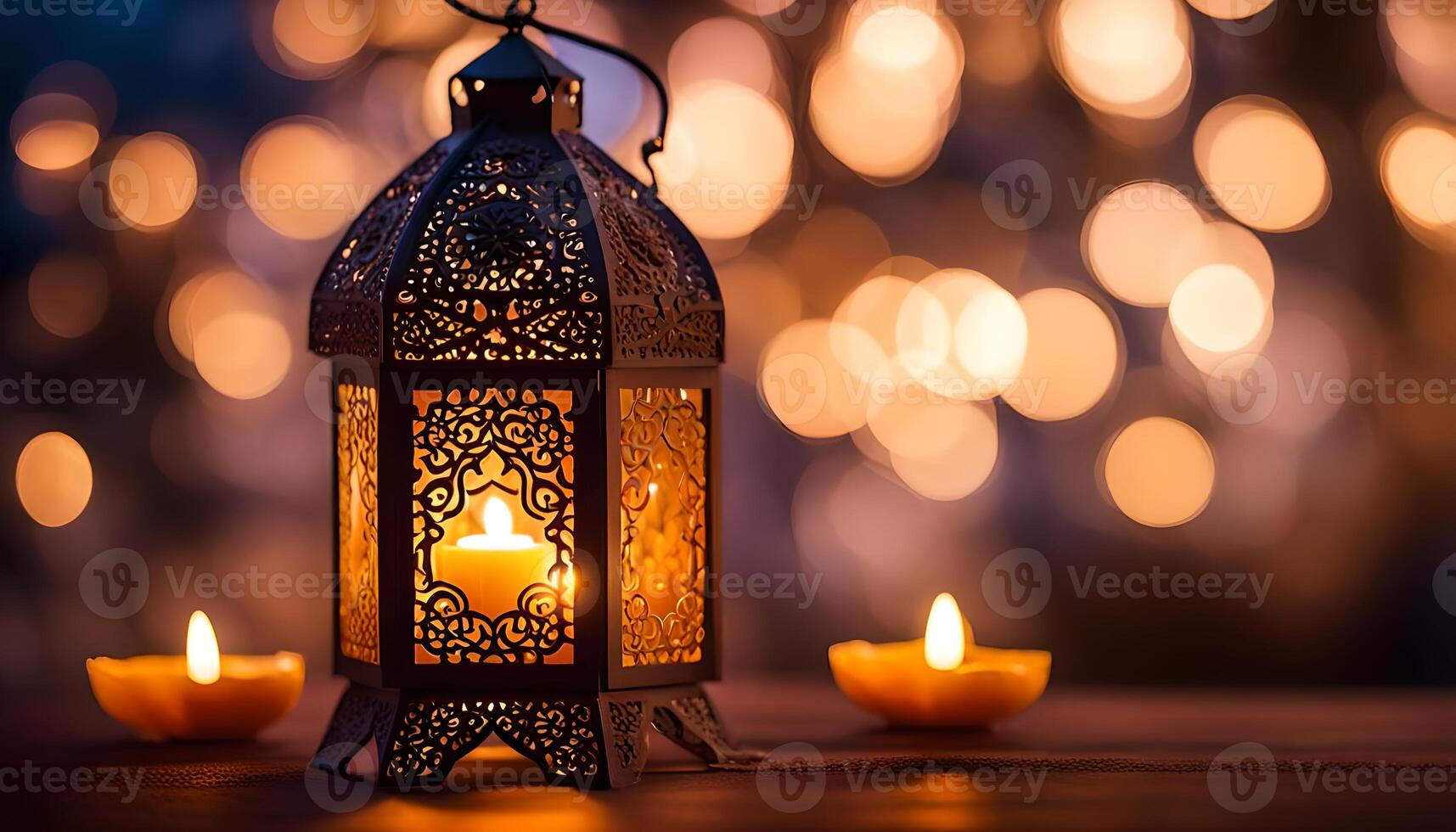 AI generated Ornamental Arabic lantern with burning candle glowing at night. photo