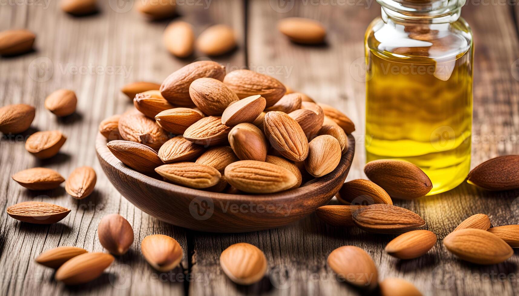 AI generated Almond oil in glass bottle and almonds on wooden table photo