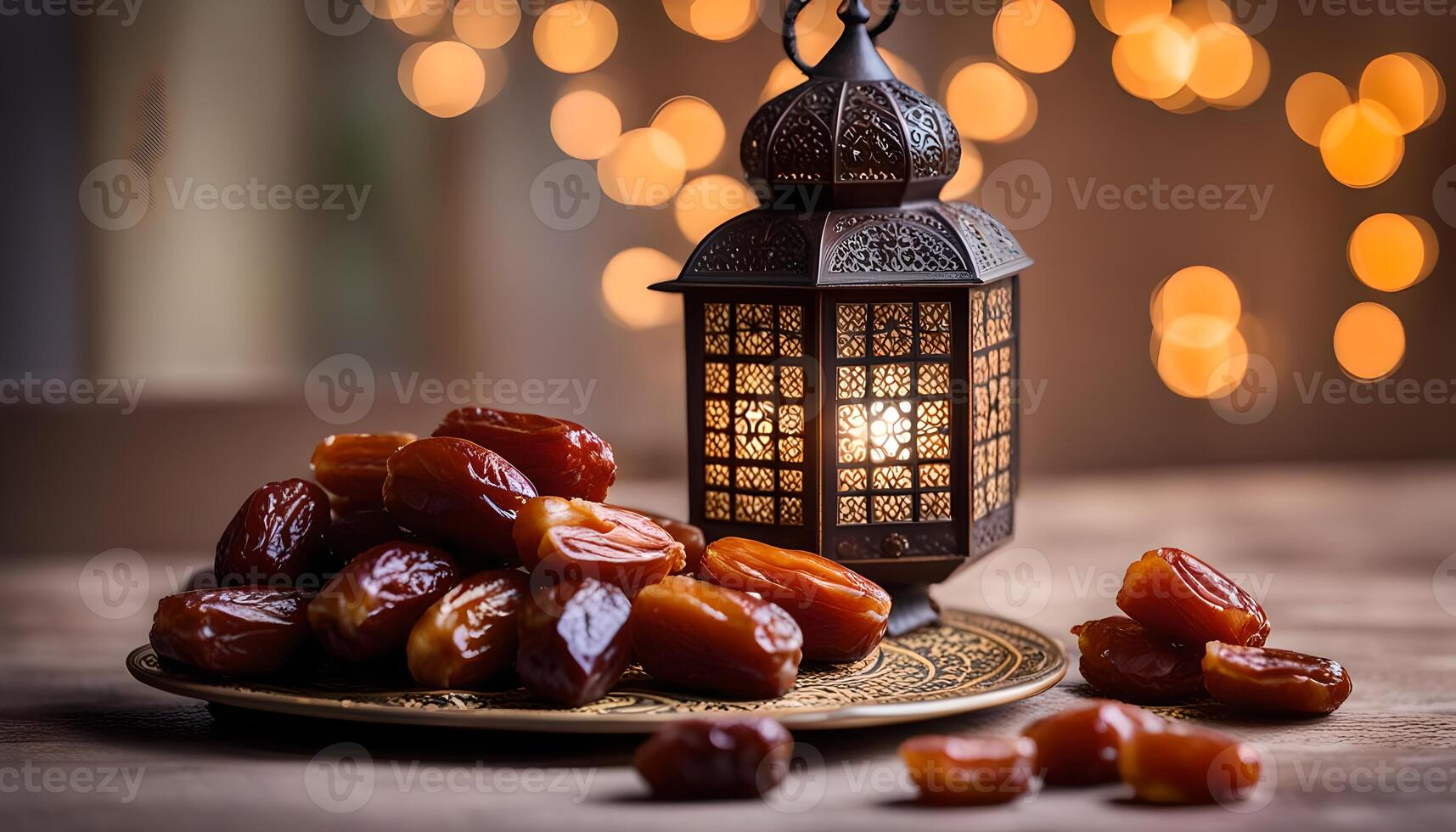 AI generated Ramadan lamp and dates still life photo