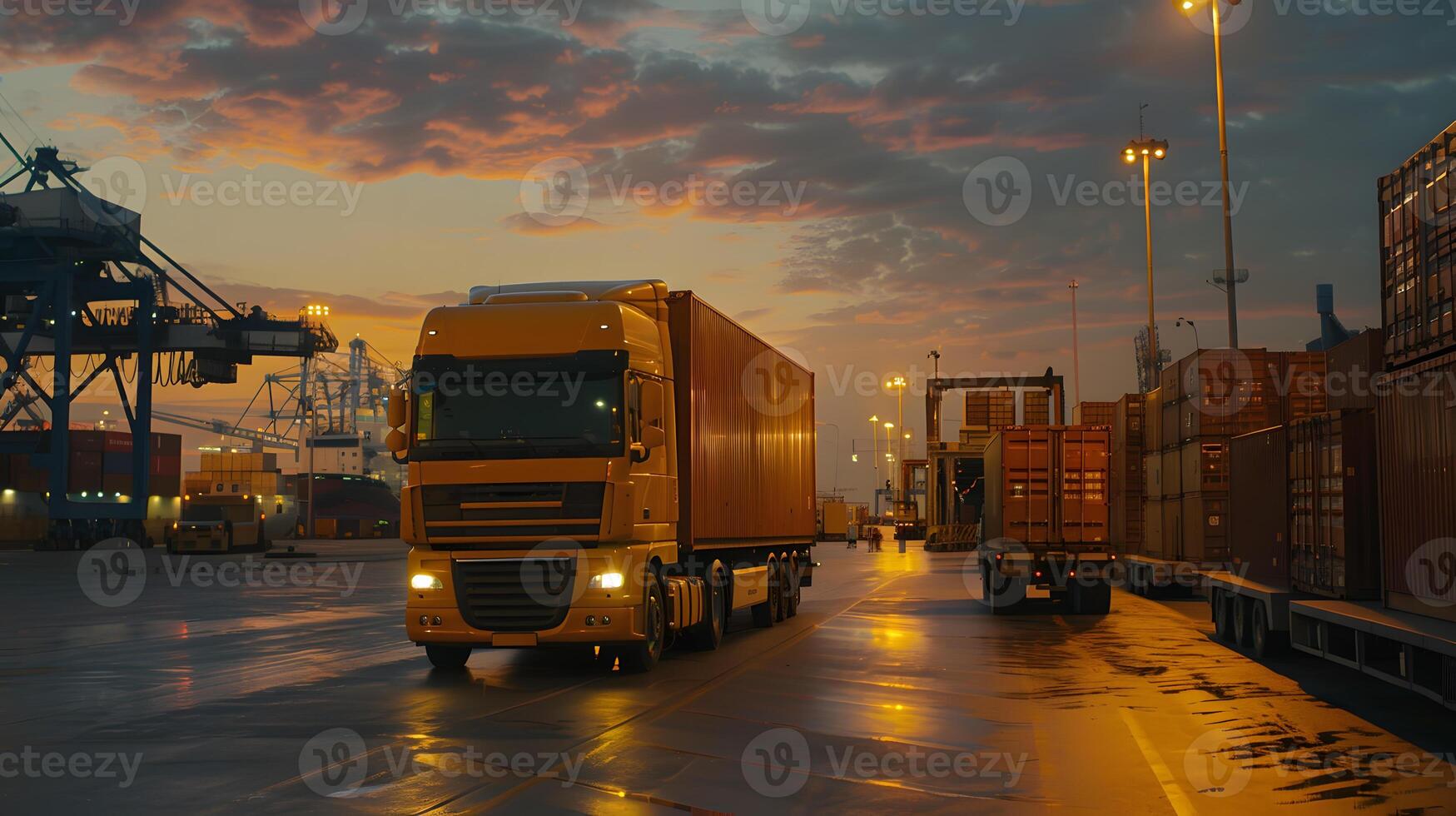 AI generated Truck trailer on the pier in the cargo port terminal with cranes and containers. AI Generated photo