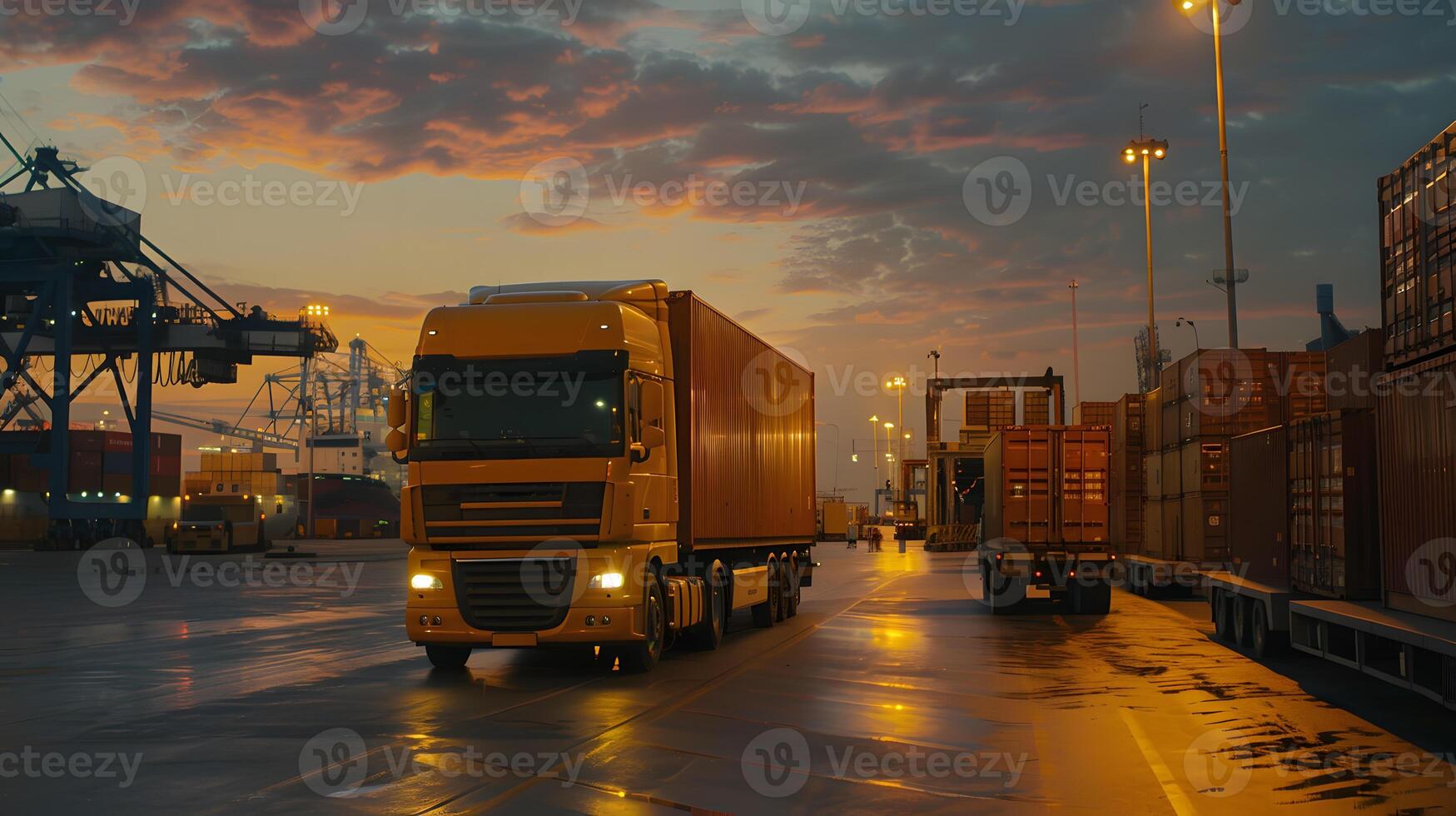 ai generado camión remolque en el muelle en el carga Puerto terminal con grúas y contenedores ai generado foto