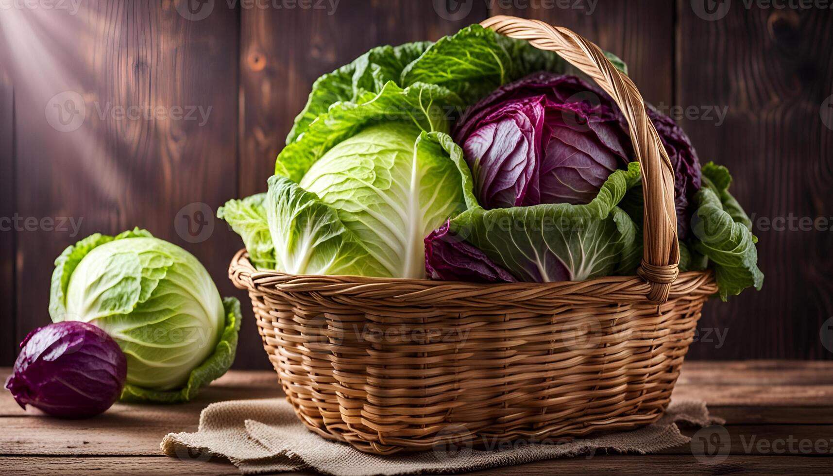 AI generated Cabbage in basket on wooden table photo