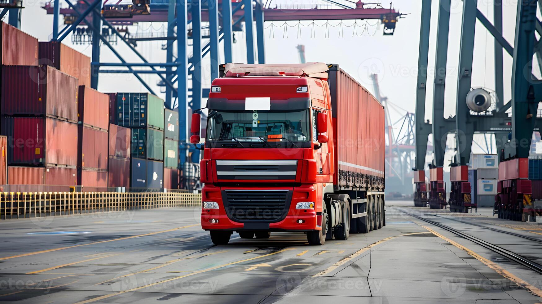 AI generated Truck trailer on the pier in the cargo port terminal with cranes and containers. AI Generated photo