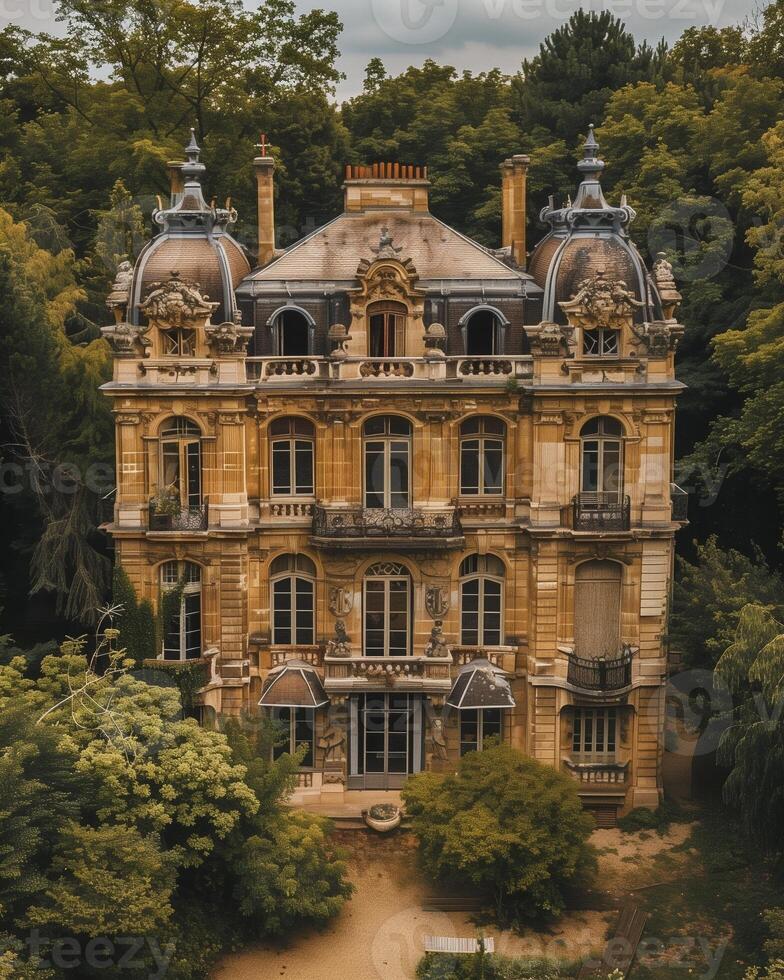 AI generated Stately Historical Mansion Nestled in Verdant Woods - Ideal for Period Dramas and Luxury Themes photo