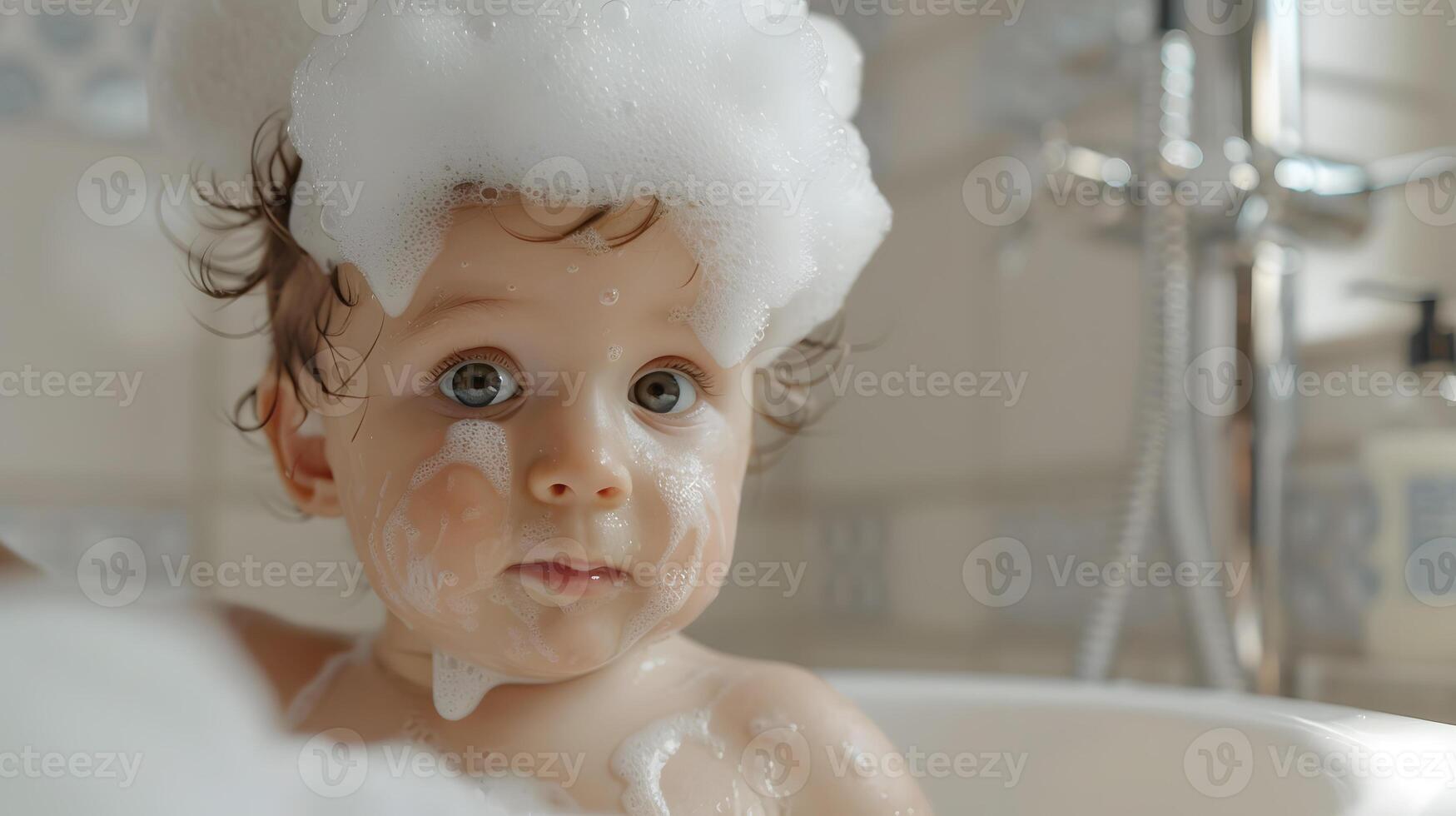 ai generado un linda pequeño niño con pequeño espuma en su cabeza. ai generado foto