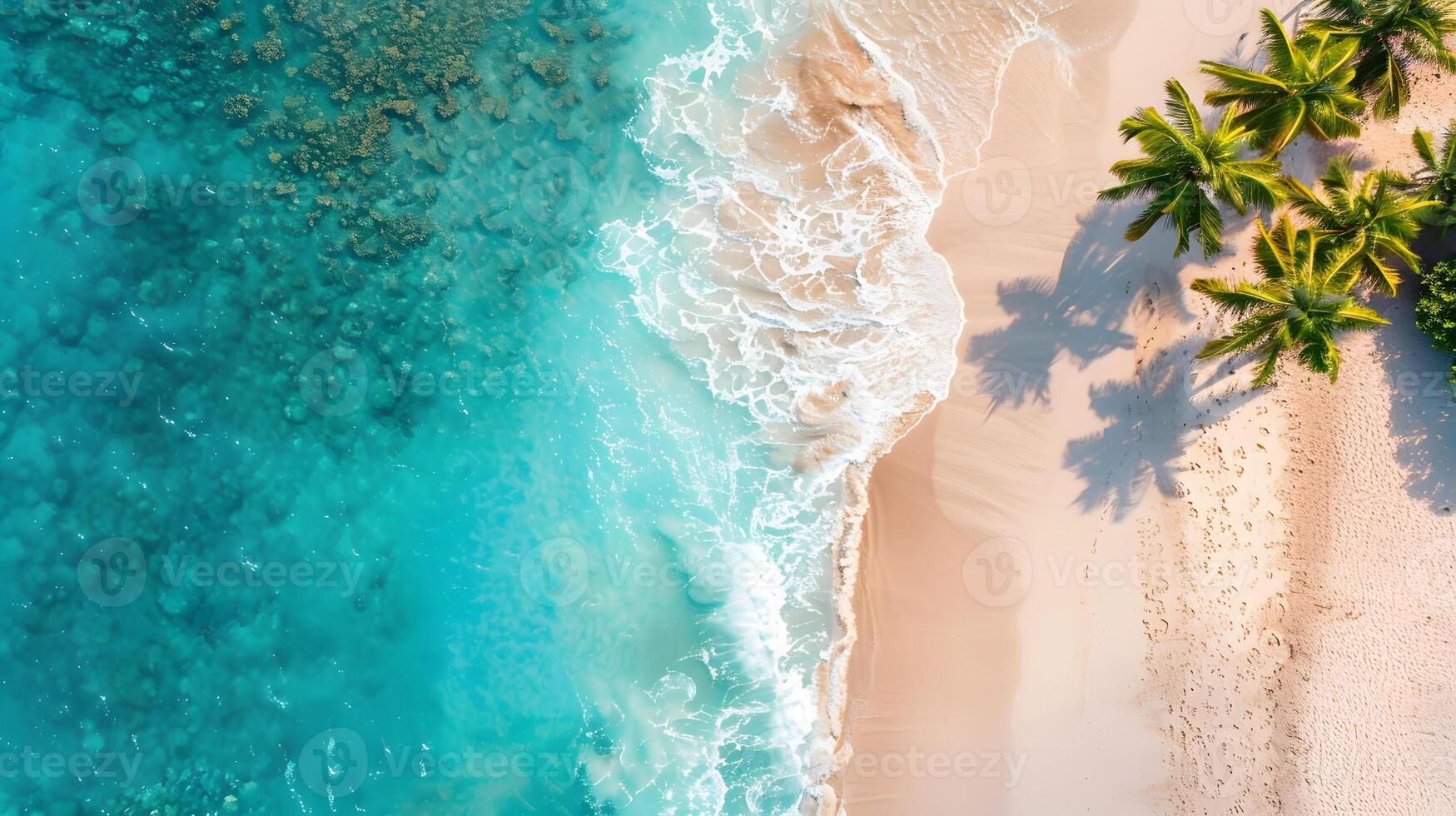 Azure coast of the ocean with palm trees, sand, surf and shells. AI Generated photo