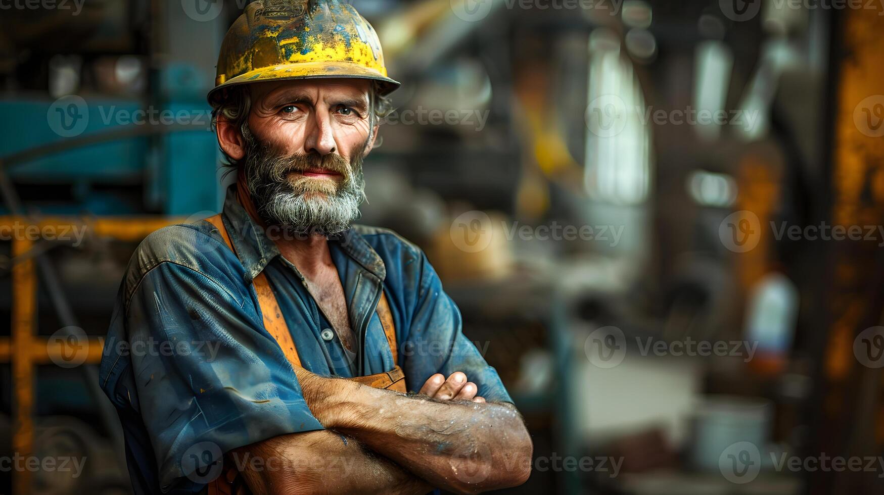 AI generated Portrait of a working man in a uniform and a hard hat. AI Generated photo