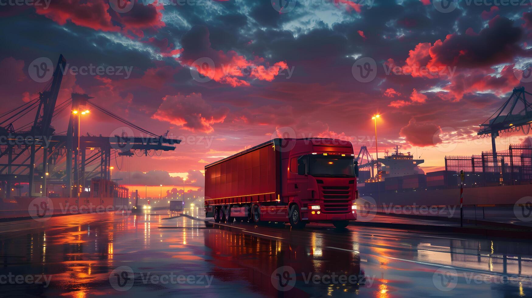 AI generated Truck trailer on the pier in the cargo port terminal with cranes and containers. AI Generated photo