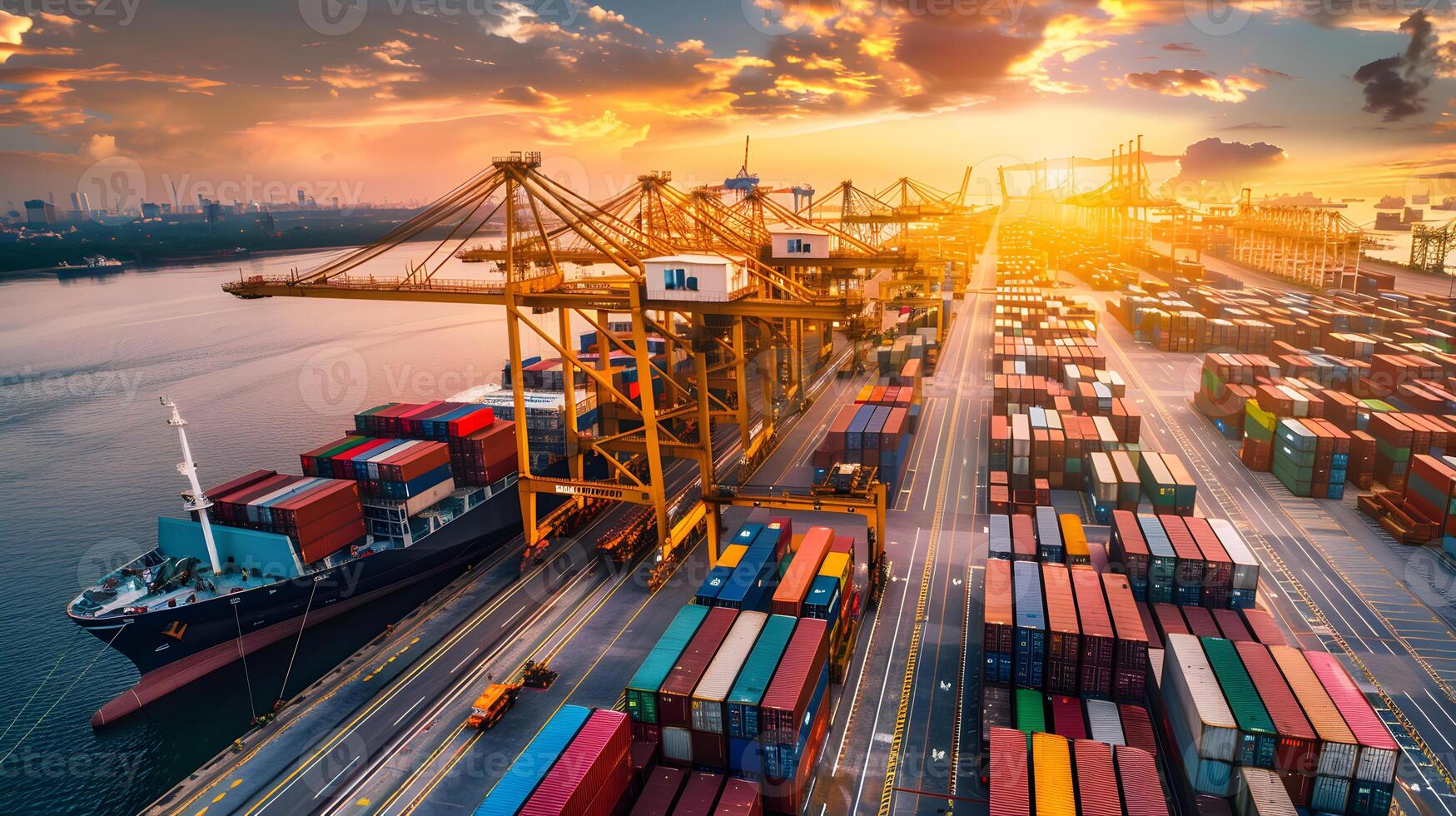 AI generated A ship for transporting cargo containers and also unloading it at the docks of a cargo port. AI Generated photo