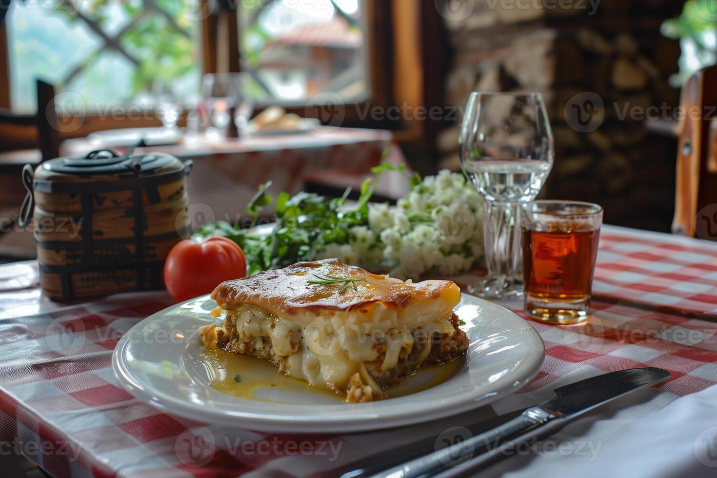 AI generated Authentic Bulgarian Moussaka Served in a Cozy Tavern with Traditional Decor photo