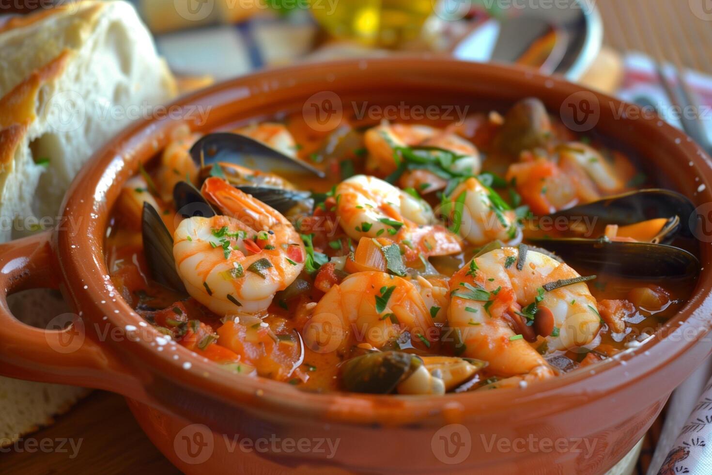 AI generated Zarzuela de Mariscos Sumptuous Seafood Stew from Spain Served in Traditional Earthenware photo