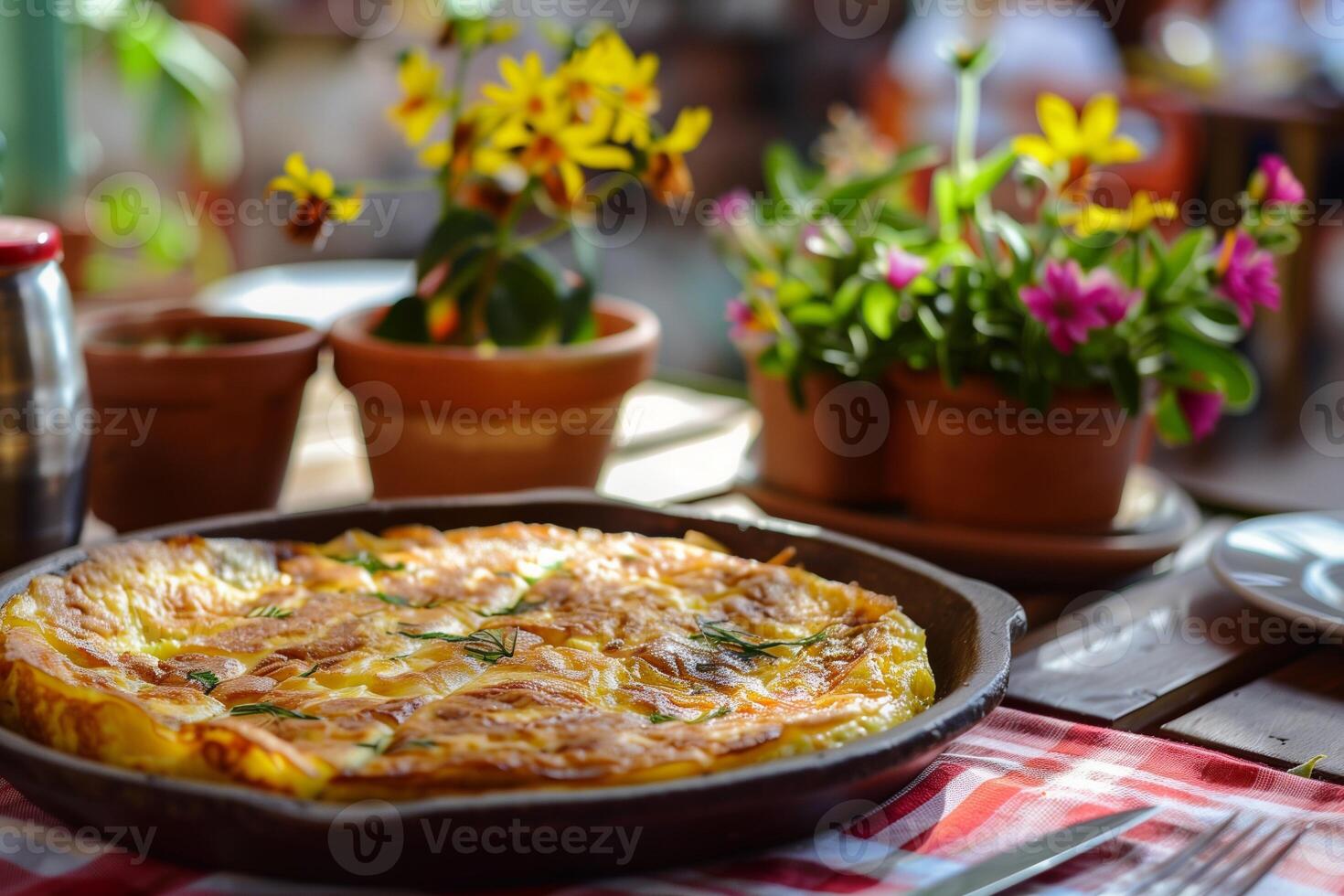 AI generated Freshly Prepared Spanish Tortilla Omelette with Vibrant Flowers in a Sunny Countryside Setting photo