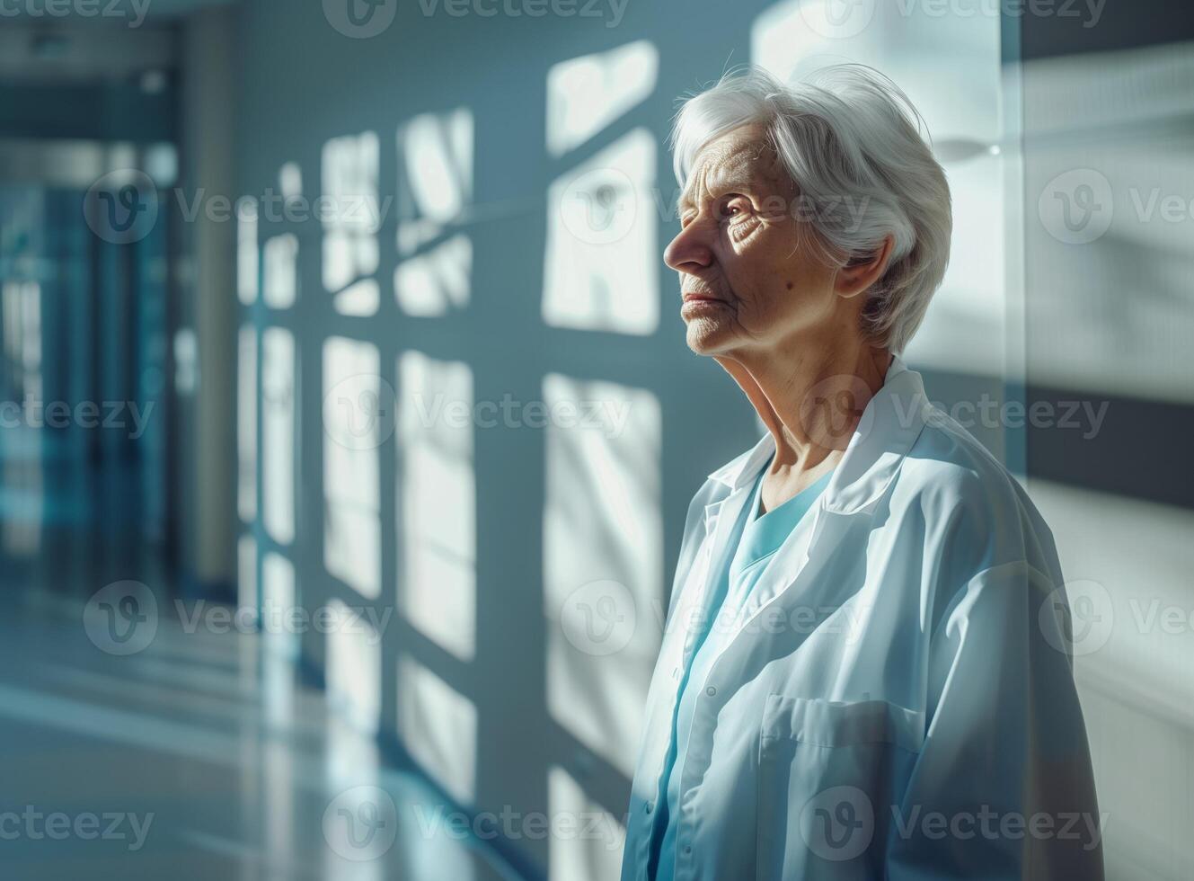 AI generated Confident Senior Female Doctor in Hospital Corridor Representing Healthcare Professionals photo