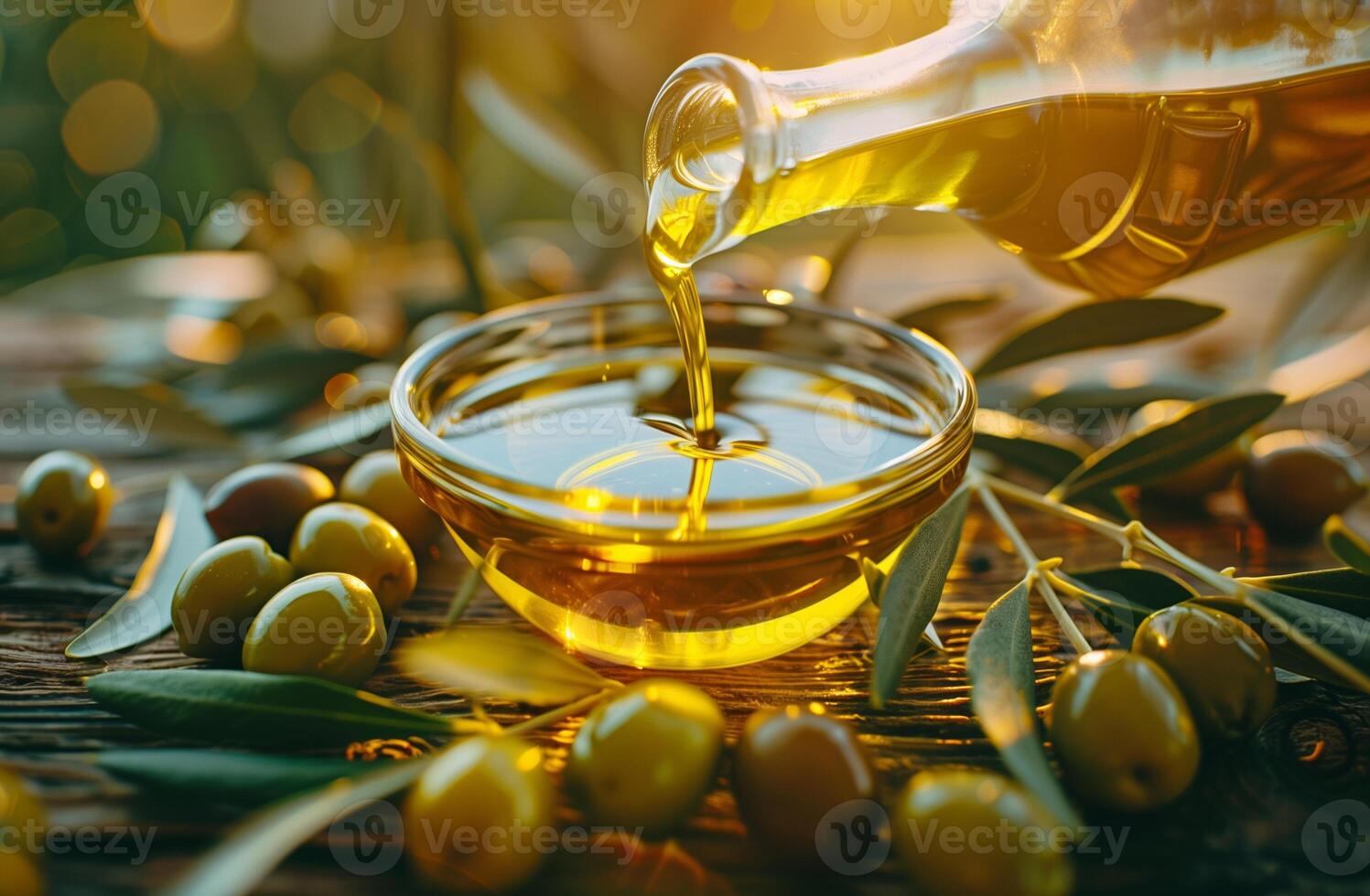 AI generated Pouring Golden Olive Oil into Glass Bowl Amidst Fresh Olives and Leaves photo