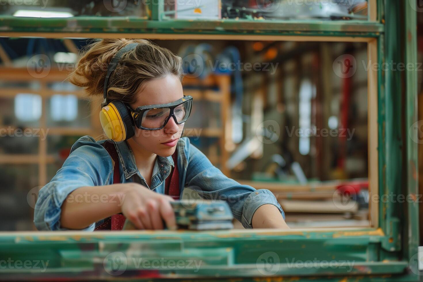 AI generated Focused Craftswoman Working with Wood in Workshop with Protection Gear photo