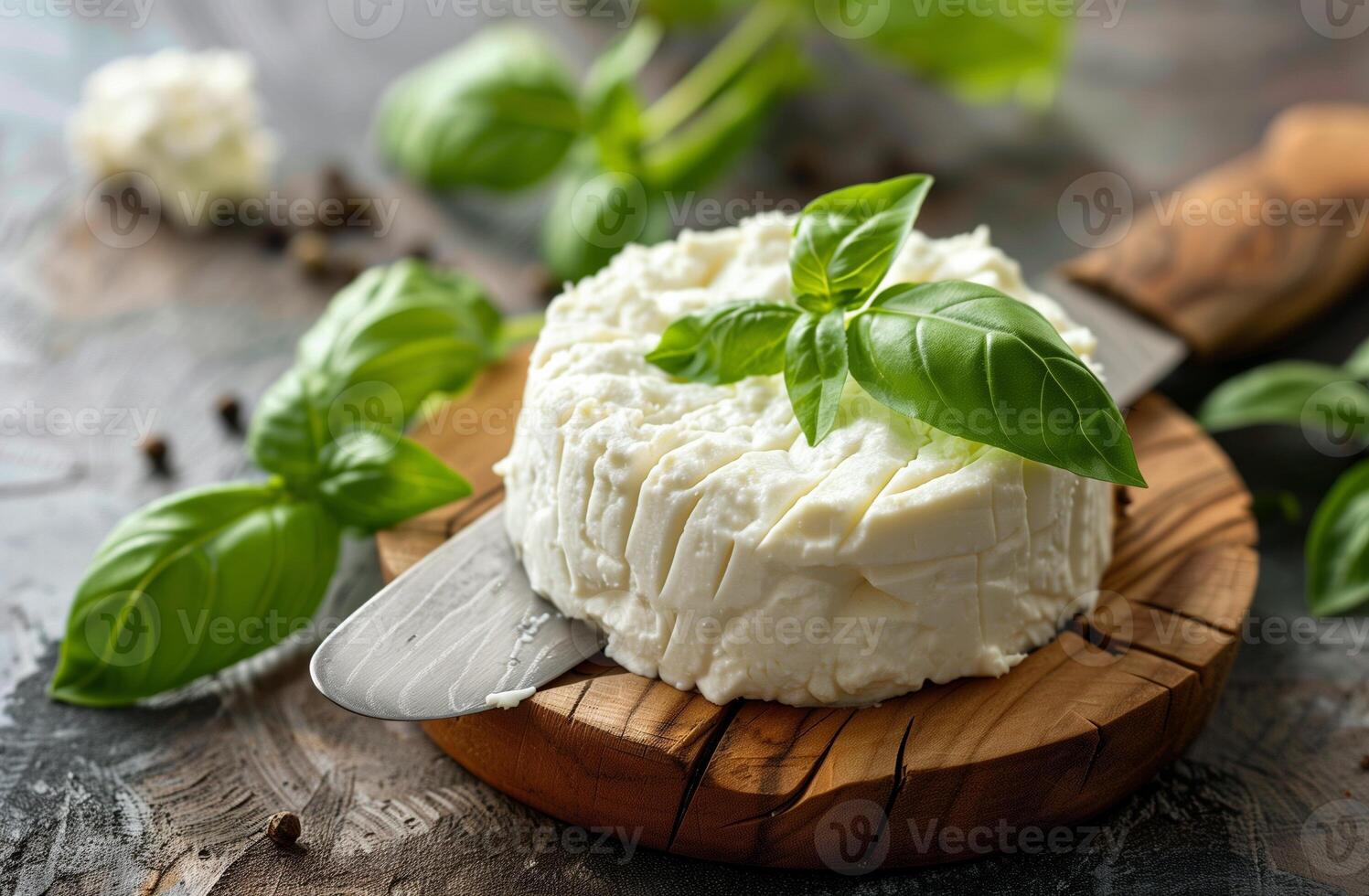 AI generated Fresh Homemade Ricotta Cheese with Basil on Wooden Board for Culinary and Recipe Content photo