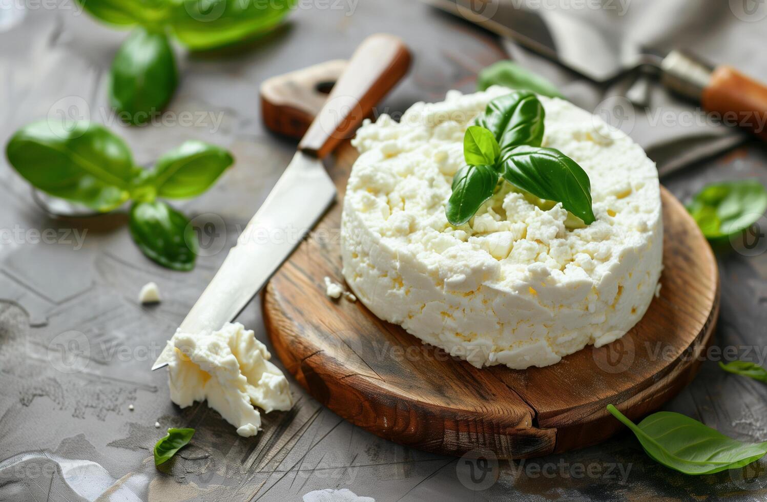 AI generated Fresh Homemade Ricotta Cheese with Basil on Wooden Board for Culinary and Recipe Content photo