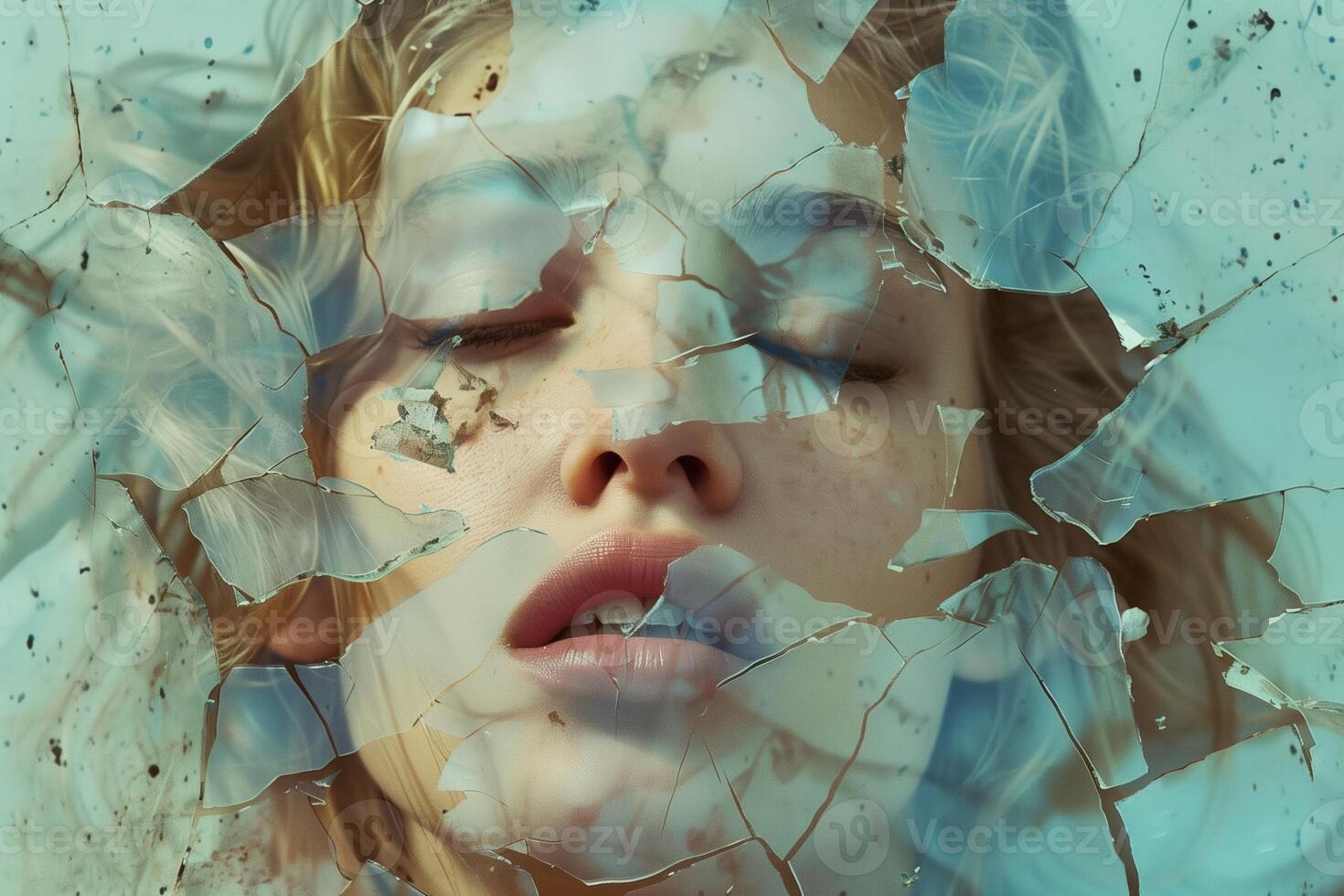 AI generated Dreamlike Visage through Cracked Glass photo