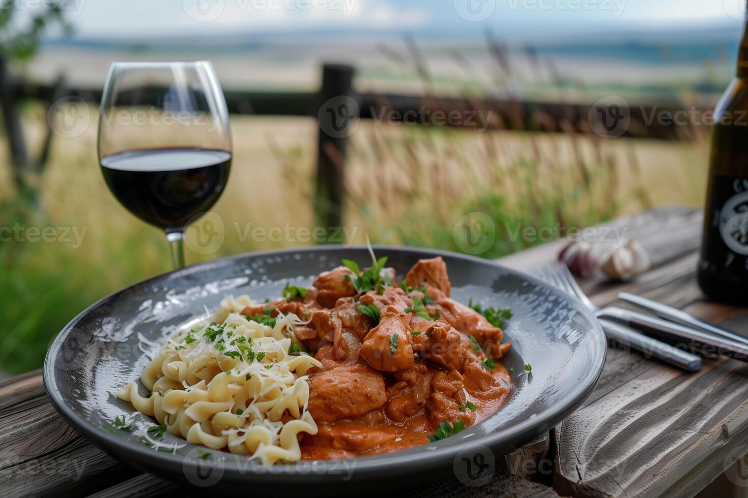 AI generated Homemade Chicken Paprikash with Noodles Served with Red Wine, Perfect for Culinary Enthusiasts and Cozy Dinners photo